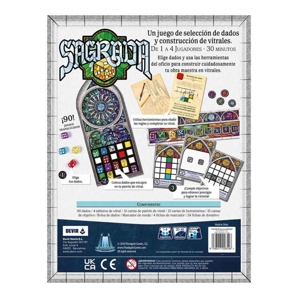 Sagrada. Es un juego de mesa abstracto, en el que los jugadores tomarán el papel de artistas creadores de vitrales que intentarán producir la pieza más hermosa para exhibirla en el templo expiatorio de la sagrada familia de antoni gaudí. Como artistas, manipularemos piezas de vidrio, que en este juego se representan con dados de diferentes colores y grados de opacidad, indicados por el valor del dado, cuanto más bajo sea su valor, menor será su opacidad.   al inicio del juego tendremos que elegir de manera aleatoria dos cartas de patrón y un tablero de marco. De las dos cartas de patrón se elige una, que se emplea durante toda la partida y se intentará completar, mientras que la otra se descarta. Este patrón marca algunas opacidades y número de dado que tendremos que conseguir. También, en la parte inferior, se indica su nivel de dificultad, que nos dará útiles fichas de donativos para poder pagar el uso de las cartas de herramienta del juego y que nos ayudarán a modificar restricciones de las reglas. Al inicio de cada partida de sagrada se colocarán los 90 dados en la bolsa, se elegirá al azar el jugador inicial, que será quien saque de la bolsa, sin mirar, una cantidad de dados igual al doble de jugadores más uno (por ejemplo, si hay 2 jugadores sacaremos 5 dados). La partida se desarrolla en el sentido de las manecillas del reloj y cada jugador puede llevar a cabo las siguientes acciones en cualquier orden: elegir un dado y colocarlo en su vitral teniendo en cuenta que debe estar adyacente a otros dados, usar una carta de herencia pagando su coste en donativos, o pasar un turno sin realizar acciones. Tras el turno del último jugador sigue la ronda, pero en sentido contrario, y los dados restantes van al marcador de ronda, hasta jugar un total de 10 rondas.. Sagrada se puede jugar en modo solitario o con hasta cuatro jugadores, en partidas que duran de 30 a 45 minutos. Es ideal para los amantes de los juegos abstractos como los sudokus o los rompecabezas, ya que intentar armar los patrones con todas las restricciones aplicadas les proporcionará muchas partidas llenas de diversión. Conviértete en un artista del vitral en sagrada, demuestra que eres quien tienes las mejores dotes artísticas y crea la mejor obra de arte para ser exhibida en el templo de la sagrada familia en este juego abstracto de colocación de dados.  consíguelo en tu tienda especializada en juegos de mesa favorita.