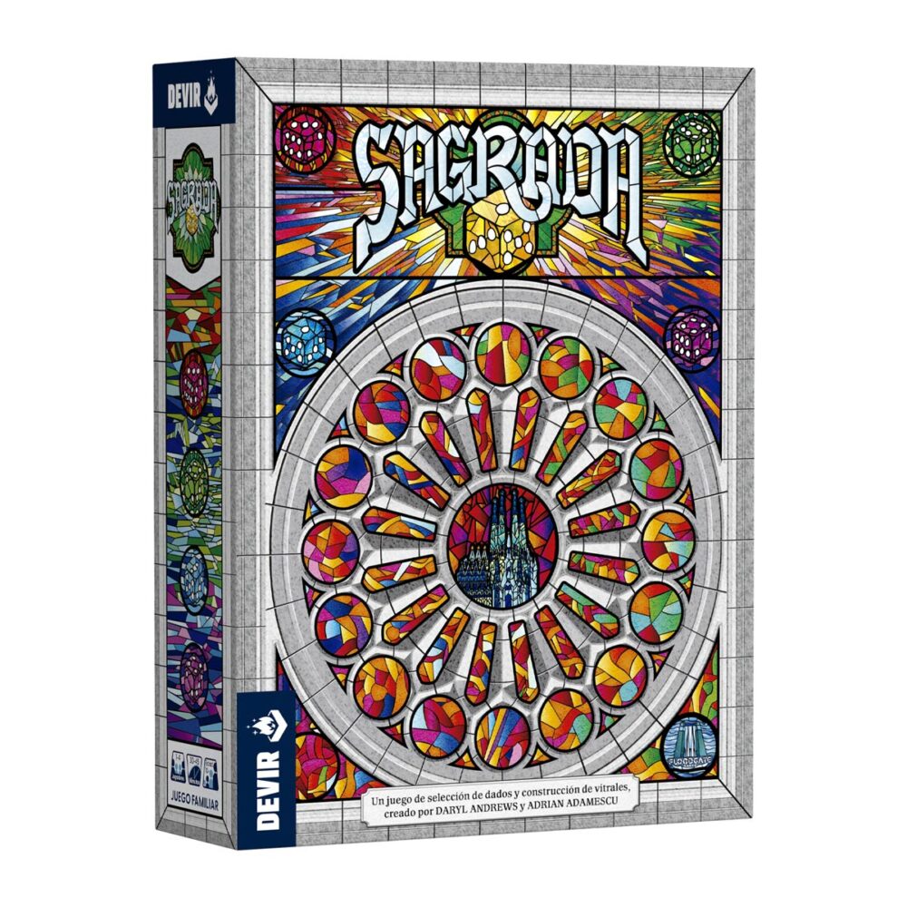Sagrada. Es un juego de mesa abstracto, en el que los jugadores tomarán el papel de artistas creadores de vitrales que intentarán producir la pieza más hermosa para exhibirla en el templo expiatorio de la sagrada familia de antoni gaudí. Como artistas, manipularemos piezas de vidrio, que en este juego se representan con dados de diferentes colores y grados de opacidad, indicados por el valor del dado, cuanto más bajo sea su valor, menor será su opacidad.   al inicio del juego tendremos que elegir de manera aleatoria dos cartas de patrón y un tablero de marco. De las dos cartas de patrón se elige una, que se emplea durante toda la partida y se intentará completar, mientras que la otra se descarta. Este patrón marca algunas opacidades y número de dado que tendremos que conseguir. También, en la parte inferior, se indica su nivel de dificultad, que nos dará útiles fichas de donativos para poder pagar el uso de las cartas de herramienta del juego y que nos ayudarán a modificar restricciones de las reglas. Al inicio de cada partida de sagrada se colocarán los 90 dados en la bolsa, se elegirá al azar el jugador inicial, que será quien saque de la bolsa, sin mirar, una cantidad de dados igual al doble de jugadores más uno (por ejemplo, si hay 2 jugadores sacaremos 5 dados). La partida se desarrolla en el sentido de las manecillas del reloj y cada jugador puede llevar a cabo las siguientes acciones en cualquier orden: elegir un dado y colocarlo en su vitral teniendo en cuenta que debe estar adyacente a otros dados, usar una carta de herencia pagando su coste en donativos, o pasar un turno sin realizar acciones. Tras el turno del último jugador sigue la ronda, pero en sentido contrario, y los dados restantes van al marcador de ronda, hasta jugar un total de 10 rondas.. Sagrada se puede jugar en modo solitario o con hasta cuatro jugadores, en partidas que duran de 30 a 45 minutos. Es ideal para los amantes de los juegos abstractos como los sudokus o los rompecabezas, ya que intentar armar los patrones con todas las restricciones aplicadas les proporcionará muchas partidas llenas de diversión. Conviértete en un artista del vitral en sagrada, demuestra que eres quien tienes las mejores dotes artísticas y crea la mejor obra de arte para ser exhibida en el templo de la sagrada familia en este juego abstracto de colocación de dados.  consíguelo en tu tienda especializada en juegos de mesa favorita.
