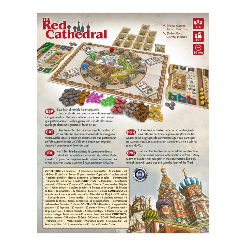 The red cathedral.  el otoño no es el mejor momento para subirse a un andamio en moscú, pero sigue siendo mucho mejor que el invierno. El zar iván quiere resultados, y nuestro equipo demostrará que somos los mejores albañiles de la ciudad. Seguro que si rematamos esos arcos decorativos con las piedras más brillantes, nos aseguraremos de estar en la lista de obreros de confianza del estado. Sheila santos e israel cendrero forman el dúo de diseño de juegos conocido como llama dice. Hasta la fecha han publicado varios títulos con distintas editoriales españolas (1987 channel tunnel, mondrian, smoothies), y the red cathedral es el primer juego que publican con devir.  pedro soto (holmes, sherlock & mycroft, papua) y chema román (el mundo de águila roja) se ocupan del aspecto gráfico del juego, haciendo un homenaje a iván bilibin, un icónico artista ruso del xviii, que aún siendo posterior a la época del juego resulta muy reconocible.
