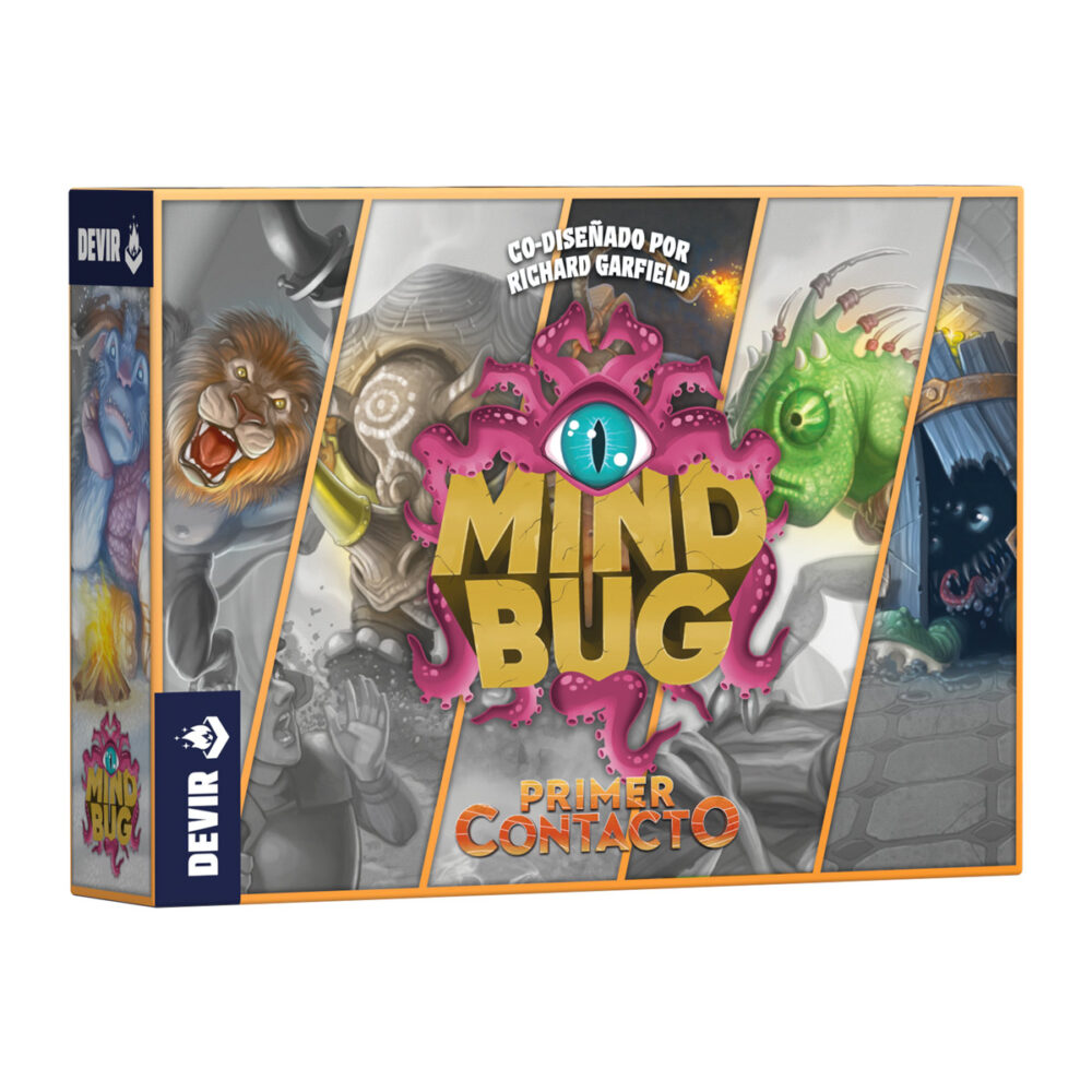 Mindbug.  convoca criaturas únicas y úsalas para combatir y vencer a tu oponente en un duelo de alta intensidad estratégica. Pero ten cuidado, pues en cualquier momento tu rival puede usar uno de sus mindbug para tomar el control de tus monstruos. Obra del legendario richard garfield, creador entre otros muchos juegos del célebre magic: the gathering o king of tokyo, mindbug es un juego de cartas para dos jugadores, a partir de 8 años, que permite partidas de entre 15 y 25 minutos. Dentro de la caja encontraréis 52 cartas con las criaturas más extravagantes que os podáis imaginar. ¿queréis un oso fusionado con una abeja? ¿o un orangután con cabeza de león? Aquí los tenéis. Para empezar a jugar, solo hace falta barajar y repartir. Cada jugador recibe 5 cartas, listas para jugar en la mano, y 5 más que se reservan boca abajo. Este conjunto de 10 cartas forma el plantel de criaturas que enviarás a la batalla con el objetivo de derrotar a tu rival. A continuación, cada jugador toma tres cartas más boca abajo que servirán como marcadores de puntos de vida. Finalmente, cada jugador toma dos cartas de mindbug.