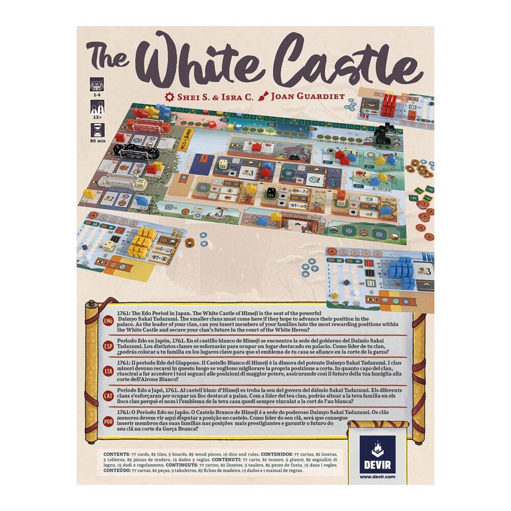 The white castle.  la garza vuela sobre el cielo de himeji mientras el daimio, desde lo alto del castillo, contempla cómo se mueven sus sirvientes. Los jardineros cuidan del estanque, donde viven las carpas koi, los guerreros hacen guardia en las murallas y los cortesanos se amontonan en las puertas, suspirando por una audiencia que les acerque a los círculos más íntimos de la corte. Cuando anochece se encienden los faroles y los trabajadores vuelven con su clan. En the white castle los jugadores controlarán uno de estos clanes con el objetivo de sumar más puntos de victoria que el resto. Para hacerlo, deberán acumular influencia en la corte, gestionar recursos con audacia y colocar a sus trabajadores en el lugar adecuado en el momento adecuado. El juego se puede disfrutar en solitario o en un grupo de hasta 4 jugadores.