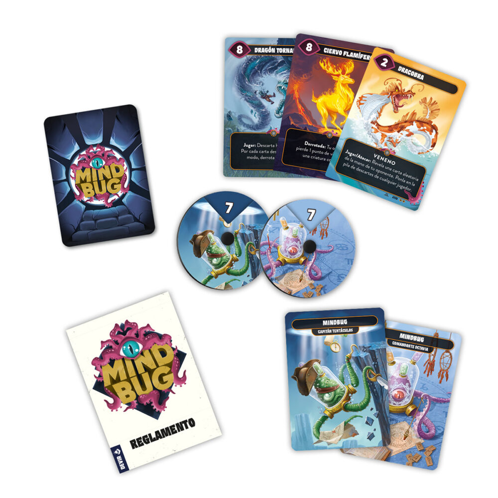 Mindbug más allá: eternidad.  ¡la muerte no es la última frontera en mindbug! De los confines de la eternidad llegan un montón de criaturas dispuestas a combatir en duelos épicos de alto voltaje estratégico. Esta expansión completamente independiente del mindbug original pone a nuestro alcance nuevas tácticas y combinaciones, con criaturas potenciadas y habilidades que puedes jugar desde la pila de descartes. Esta edición incluye más de 50 nuevas cartas con los bichos más extravagantes que puedas imaginar. Jugarás con la horda de zombihormigas, el felinisco, el patohidra, el lémur espectral, el can fantasmal, el rocafante, el conejo berserker, la ratapaloma basurera o la salamandra piromante, entre otras muchas criaturas fantásticas. Como novedad, algunas de estas cartas tienen efectos cuando se encuentran en la pila de descartes, así que la estrategia adquiere una nueva dimensión. El escarabajo escudo, por ejemplo, otorga 1 de poder a las criaturas aliadas cuando se encuentra en la pila de descarte; o el pegaso real te devuelve 1 punto de vida.