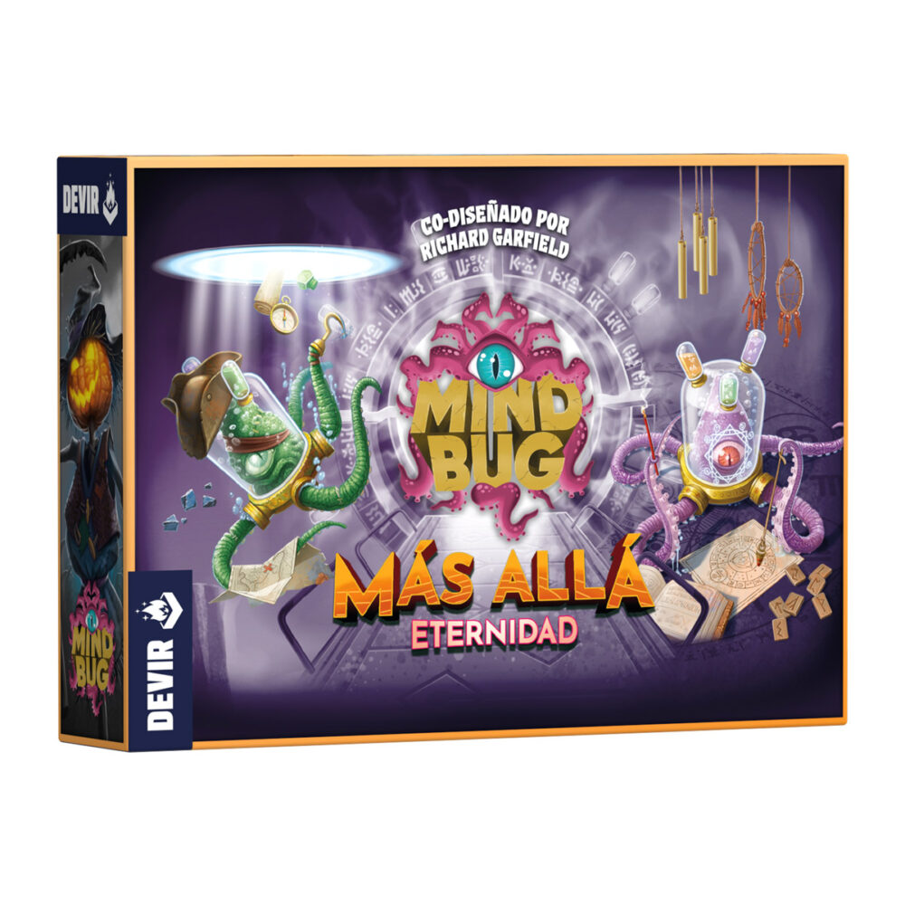 Mindbug más allá: eternidad.  ¡la muerte no es la última frontera en mindbug! De los confines de la eternidad llegan un montón de criaturas dispuestas a combatir en duelos épicos de alto voltaje estratégico. Esta expansión completamente independiente del mindbug original pone a nuestro alcance nuevas tácticas y combinaciones, con criaturas potenciadas y habilidades que puedes jugar desde la pila de descartes. Esta edición incluye más de 50 nuevas cartas con los bichos más extravagantes que puedas imaginar. Jugarás con la horda de zombihormigas, el felinisco, el patohidra, el lémur espectral, el can fantasmal, el rocafante, el conejo berserker, la ratapaloma basurera o la salamandra piromante, entre otras muchas criaturas fantásticas. Como novedad, algunas de estas cartas tienen efectos cuando se encuentran en la pila de descartes, así que la estrategia adquiere una nueva dimensión. El escarabajo escudo, por ejemplo, otorga 1 de poder a las criaturas aliadas cuando se encuentra en la pila de descarte; o el pegaso real te devuelve 1 punto de vida.
