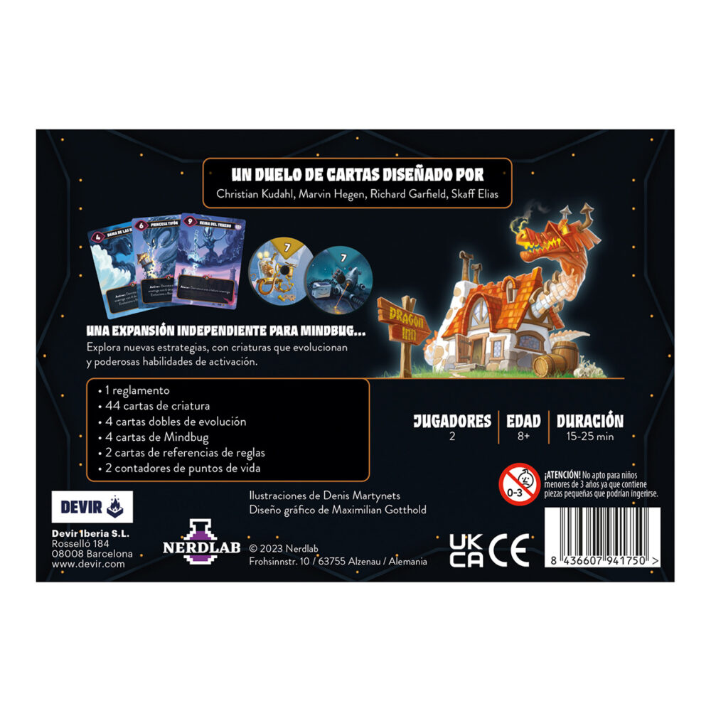 Mindbug más allá: evolución.  las criaturas más alucinantes del universo… ¡han evolucionado! Siglos de mutaciones y experimentación han dado como resultado bichos temibles que están dispuestos a combatir en duelos épicos de alto voltaje estratégico. Esta expansión completamente independiente del juego mindbug original pone a nuestro alcance nuevas tácticas y combinaciones, con criaturas que evolucionan y poderosas habilidades de activación. La caja incluye más de 50 cartas con criaturas que se pueden jugar por separado o combinadas con cualquier otra edición de la saga. Como novedad, este título incorpora a criaturas que pueden evolucionar tras su activación, ofreciendo nuevas habilidades y más poder a los jugadores. Así, tras jugar y activar la dama de las nubes la carta evoluciona primero a la princesa tifón y luego a la reina del trueno; lo mismo ocurre con el pingüino recluta, que evoluciona a pingüino veterano primero y a glaciar fortificado después. Además, entre otras cartas, esta caja incluye al zorro sensei, el ganserrucho, al tororrail o al pez globomba. ¡nunca sabes qué maravilla de la evolución llegará a tus manos! Si darwin levantara la cabeza…