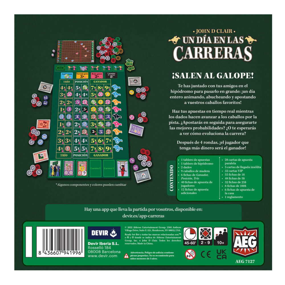 Un día en las carreras.  te has juntado con tus amigos en el hipódromo para pasarlo en grande: ¡un día entero animando, abucheando y apostando a vuestros caballos favoritos! Haz tus apuestas en tiempo real mientras los dados hacen avanzar a los caballos por la pista. Diseñado por john d. Clair (space base, cubitos, dead reckoning, mystic vale) e ilustrado por kirk w. Buckendorf y athena cagle, un día en las carreras se puede disfrutar en pareja o en grupos de hasta 9 jugadores, a partir de 10 años, en sesiones de entre 45 y 90 minutos. Un día en las carreras se juega en 4 rondas. En cada ronda, los jugadores apostarán por un caballo mientras se desarrolla la carrera. Al final de cada carrera, los jugadores ganan o pierden dinero con las apuestas que han hecho. Además, los jugadores obtienen recompensas especiales y apuestan por llegadas insólitas. Después de 4 rondas, ¡el jugador que tenga más dinero será el ganador! Con muy pocas reglas y distintos modos de juego, un día en las carreras es un título muy versátil que se adapta a cualquier situación. En cada partida, uno de los jugadores puede asumir el papel de casa, quien dirige y retransmite la carrera, o bien se puede optar por el uso de una aplicación gratuita que desempeña esta función, tirando automáticamente los dados. Con cada tirada, los caballos avanzarán por el tablero hasta que alguno de ellos cruce la meta. Mientras avanza la carrera, los jugadores apostarán simultáneamente, tan rápido o lento como deseen; sin embargo, no se pueden poner fichas en espacios ya ocupados y una vez colocada una ficha ya no se puede retirar. Hay todo tipo de apuestas, desde intentar acertar al caballo ganador (que acaba en primer lugar), a los que terminan entre los dos o tres primeros o incluso para los que queden últimos. Una vez termina la carrera, se resuelven las apuestas y se reparte el dinero. La emoción, los cambios súbitos de guion y las risas están aseguradas en una partida a un día en las carreras. Tal como ocurre en los hipódromos, el desenlace de una carrera siempre es incierto. El caballo que va en cabeza puede ser superado en cualquier momento. ¿apostarás en seguida para asegurarte las mejores probabilidades? ¿o te esperarás a ver cómo evoluciona la carrera y apostarás en los últimos segundos? La elección es tuya en este juego de apuestas de carreras de caballos en tiempo real.