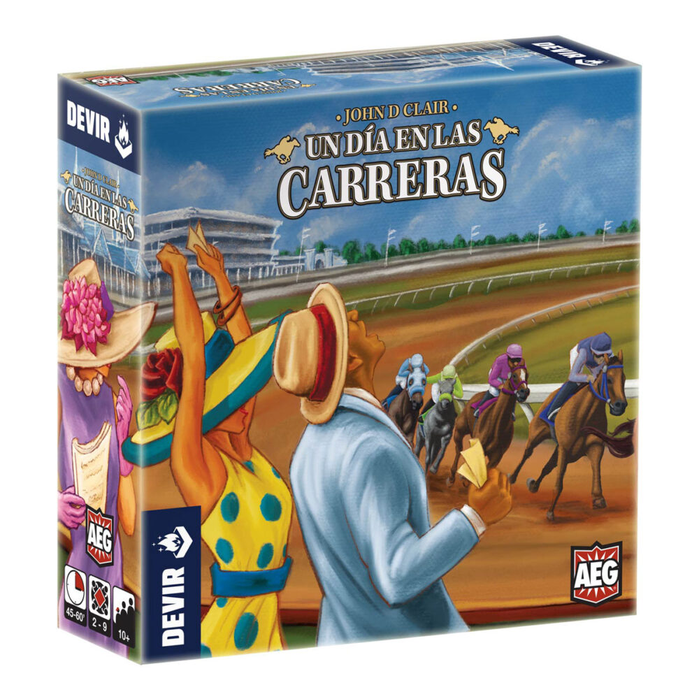 Un día en las carreras.  te has juntado con tus amigos en el hipódromo para pasarlo en grande: ¡un día entero animando, abucheando y apostando a vuestros caballos favoritos! Haz tus apuestas en tiempo real mientras los dados hacen avanzar a los caballos por la pista. Diseñado por john d. Clair (space base, cubitos, dead reckoning, mystic vale) e ilustrado por kirk w. Buckendorf y athena cagle, un día en las carreras se puede disfrutar en pareja o en grupos de hasta 9 jugadores, a partir de 10 años, en sesiones de entre 45 y 90 minutos. Un día en las carreras se juega en 4 rondas. En cada ronda, los jugadores apostarán por un caballo mientras se desarrolla la carrera. Al final de cada carrera, los jugadores ganan o pierden dinero con las apuestas que han hecho. Además, los jugadores obtienen recompensas especiales y apuestan por llegadas insólitas. Después de 4 rondas, ¡el jugador que tenga más dinero será el ganador! Con muy pocas reglas y distintos modos de juego, un día en las carreras es un título muy versátil que se adapta a cualquier situación. En cada partida, uno de los jugadores puede asumir el papel de casa, quien dirige y retransmite la carrera, o bien se puede optar por el uso de una aplicación gratuita que desempeña esta función, tirando automáticamente los dados. Con cada tirada, los caballos avanzarán por el tablero hasta que alguno de ellos cruce la meta. Mientras avanza la carrera, los jugadores apostarán simultáneamente, tan rápido o lento como deseen; sin embargo, no se pueden poner fichas en espacios ya ocupados y una vez colocada una ficha ya no se puede retirar. Hay todo tipo de apuestas, desde intentar acertar al caballo ganador (que acaba en primer lugar), a los que terminan entre los dos o tres primeros o incluso para los que queden últimos. Una vez termina la carrera, se resuelven las apuestas y se reparte el dinero. La emoción, los cambios súbitos de guion y las risas están aseguradas en una partida a un día en las carreras. Tal como ocurre en los hipódromos, el desenlace de una carrera siempre es incierto. El caballo que va en cabeza puede ser superado en cualquier momento. ¿apostarás en seguida para asegurarte las mejores probabilidades? ¿o te esperarás a ver cómo evoluciona la carrera y apostarás en los últimos segundos? La elección es tuya en este juego de apuestas de carreras de caballos en tiempo real.