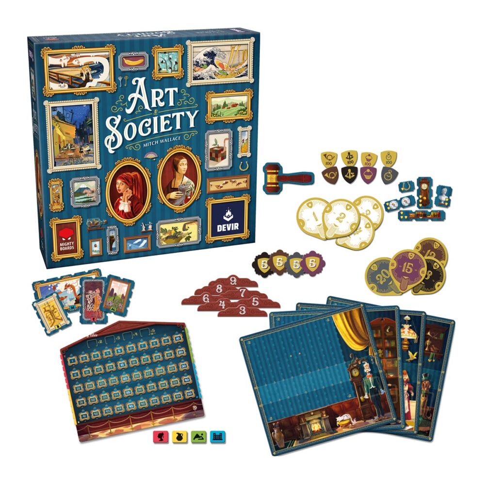 Art society.  eres un entendido en arte que puja por las obras de arte más en boga, componiendo una pinacoteca, decorada con gusto exquisito, que será la envidia de la escena artística local. Pero las modas y tendencias son fugaces y difíciles de predecir. Las pinturas que tú y tus colegas coleccionistas no compréis acabarán en el museo, cambiando el valor de tu colección. ¿quién tendrá la mejor pinacoteca de la ciudad? Diseñado por mitch wallace, art society permite partidas para grupos de entre 2 y 4 jugadores, a partir de 10 años, de unos 45 minutos de duración. El objetivo del juego consiste en sumar la mayor cantidad de puntos coleccionando cuadros (que se obtienen a través de un mecanismo de subasta) y decoraciones en el tablero personal. Sin embargo, el valor de los cuadros irá cambiando a lo largo de la partida, en función de las acciones de los jugadores. ¡adaptarse en cada ronda será clave para ganar la partida! Los cuadros de art society se dividen en 4 categorías distintas, y cada una de ellas va cambiando de valor en función del resultado de las subastas que se realizan en cada turno. Durante las subastas, los jugadores pujan para llevarse cuadros a su pinacoteca y la obra de arte sobrante se va al museo, cosa que aumenta su valor para todos. Además de un tipo específico, los cuadros tienen tamaños y marcos distintos, cosa que puede afectar el espacio que ocupan en la pinacoteca personal de cada jugador. En cada turno, los jugadores deben pensar muy bien donde colocan su nueva obra de arte, para maximizar la puntuación. Si en algún momento no es posible colocar el cuadro porque no hay espacio, se considera excedente y penalizará al final de la partida. Sin embargo, cada jugador cuenta con un asistente que puede aguantar un cuadro; ¡siempre es útil contar con ayuda! Al final de la partida, dependiendo del prestigio de cada grupo de pinturas, se suman más o menos puntos. Además, si se tienen cuadros valiosos en la zona central del tablero, se obtienen puntos de bonificación. ¡da rienda suelta al coleccionista de arte que tienes dentro!