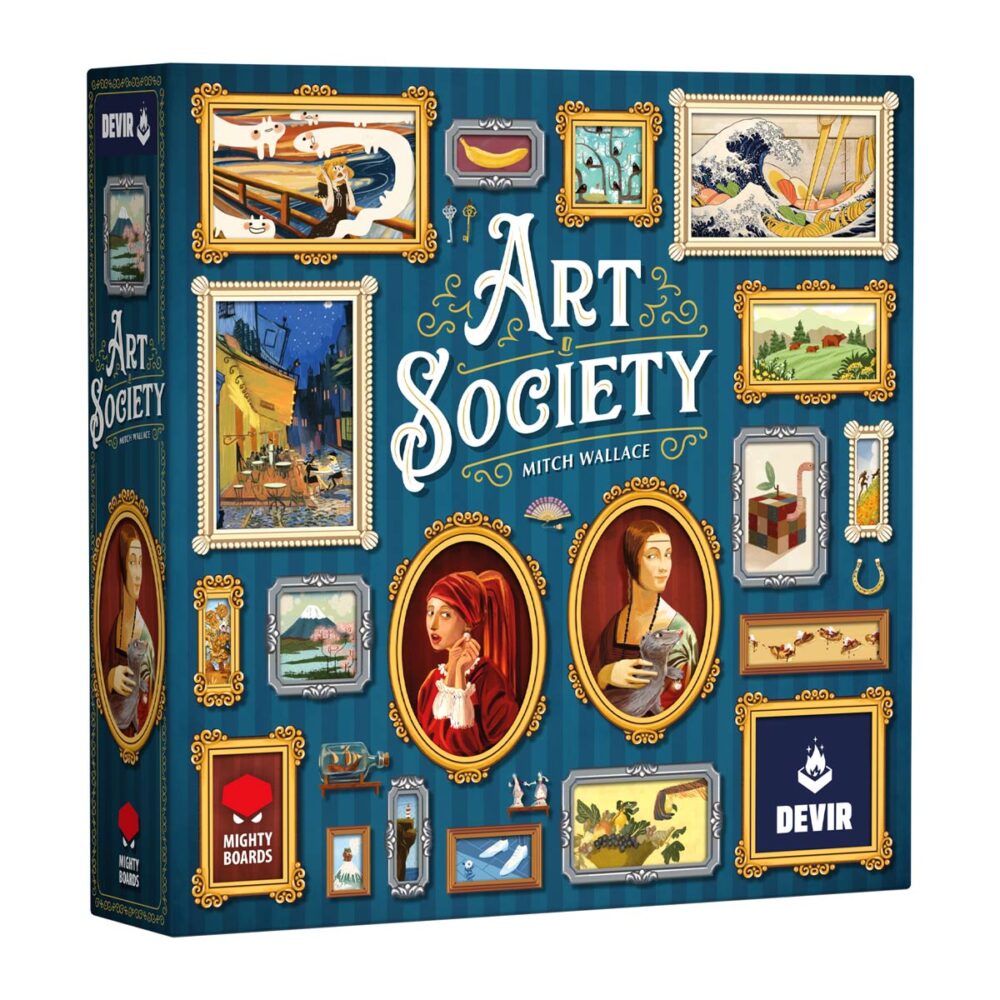 Art society.  eres un entendido en arte que puja por las obras de arte más en boga, componiendo una pinacoteca, decorada con gusto exquisito, que será la envidia de la escena artística local. Pero las modas y tendencias son fugaces y difíciles de predecir. Las pinturas que tú y tus colegas coleccionistas no compréis acabarán en el museo, cambiando el valor de tu colección. ¿quién tendrá la mejor pinacoteca de la ciudad? Diseñado por mitch wallace, art society permite partidas para grupos de entre 2 y 4 jugadores, a partir de 10 años, de unos 45 minutos de duración. El objetivo del juego consiste en sumar la mayor cantidad de puntos coleccionando cuadros (que se obtienen a través de un mecanismo de subasta) y decoraciones en el tablero personal. Sin embargo, el valor de los cuadros irá cambiando a lo largo de la partida, en función de las acciones de los jugadores. ¡adaptarse en cada ronda será clave para ganar la partida! Los cuadros de art society se dividen en 4 categorías distintas, y cada una de ellas va cambiando de valor en función del resultado de las subastas que se realizan en cada turno. Durante las subastas, los jugadores pujan para llevarse cuadros a su pinacoteca y la obra de arte sobrante se va al museo, cosa que aumenta su valor para todos. Además de un tipo específico, los cuadros tienen tamaños y marcos distintos, cosa que puede afectar el espacio que ocupan en la pinacoteca personal de cada jugador. En cada turno, los jugadores deben pensar muy bien donde colocan su nueva obra de arte, para maximizar la puntuación. Si en algún momento no es posible colocar el cuadro porque no hay espacio, se considera excedente y penalizará al final de la partida. Sin embargo, cada jugador cuenta con un asistente que puede aguantar un cuadro; ¡siempre es útil contar con ayuda! Al final de la partida, dependiendo del prestigio de cada grupo de pinturas, se suman más o menos puntos. Además, si se tienen cuadros valiosos en la zona central del tablero, se obtienen puntos de bonificación. ¡da rienda suelta al coleccionista de arte que tienes dentro!