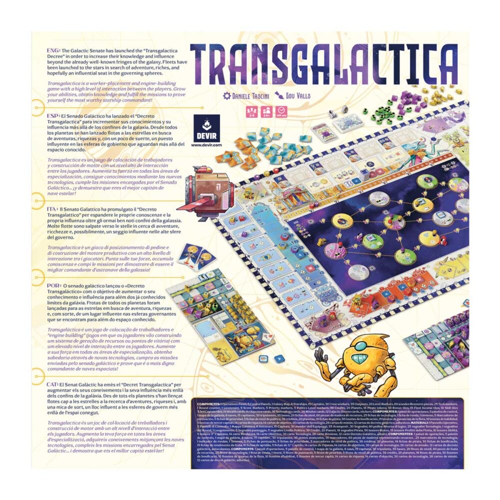 Transgalactica.  el senado galáctico ha lanzado el "decreto transgaláctico" para aumentar su conocimiento e influencia más allá de los ya conocidos confines de la galaxia. Flotas de todos los planetas han sido enviadas a las estrellas en busca de aventuras, riquezas y (con suerte) un asiento influyente en las altas esferas de gobierno que se encuentran más allá del espacio conocido. Transgalactica es un juego de colocación de trabajadores y construcción de motores con un cierto nivel de interacción entre los jugadores. Para prosperar en este juego, viajarás a los confines de la galaxia, mejorarás el nivel de tu flota, competirás con otras flotas por avances tecnológicos, construirás una red comercial y también enviarás representantes al senado galáctico para reclamar ventajas políticas.