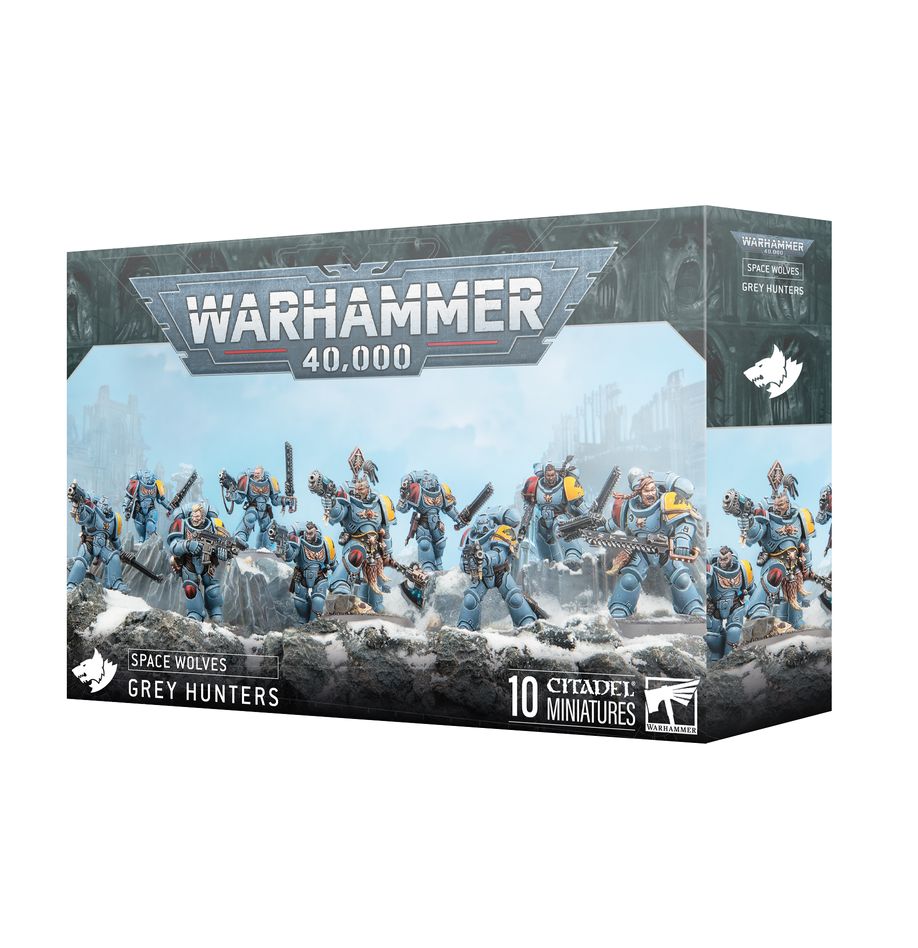 Grey hunters space wolves. Los cazadores grises son guerreros pacientes, astutos y versátiles que han logrado atemperar, que no reprimir, su agresividad instintiva tras innumerables victorias. Algunas manadas toman y mantienen posiciones con andanadas de disparos disciplinados mientras otras acechan los flancos, listas para lanzarse a la yugular del enemigo. Con este kit multicomponente de plástico puedes montar 10 cazadores grises, astuta infantería para tus ejércitos de lobos espaciales de warhammer 40,000. Armados con carabinas bólter, pistolas bólter y espadas sierra astartes, son excelentes tanto a media y corta distancia como cuando cargan para rematar a los supervivientes. El kit incluye piezas para montar un líder de manada opcional, que puede estar armado con una carabina bólter o pistola de plasma en una mano y una espada de energía, espada sierra, hacha de energía o puño de energía en la otra. Puedes elegir entre dos cabezas, dos iconos para la mochila y tres hombreras, una con el sello de la gran compañía de ragnar pelaje negro, una para la de logan grimnar, y una en blanco. Dos miembros de la escuadra pueden montarse empuñando las carabinas bólter con ambas manos. El kit contiene 24 cabezas, 10 de ellas con casco y 14 descubiertas, y 26 hombreras, todas ellas intercambiables entre todas las miniaturas, al igual que las armas. Trae también una selección de pistoleras, bolsas y cuchillos para personalizar todavía más a tus implacables depredadores.