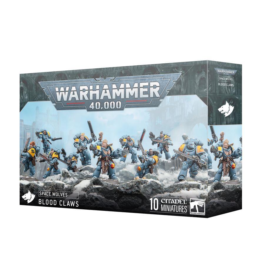Blood claws space wolves. Los garras sangrientas, guerreros jóvenes y fogosos llenos de agresivo entusiasmo, ansían demostrar su valía en batalla. Se lanzan de cabeza contra el enemigo con un fervor implacable, a caballo entre el heroísmo puro y la temeridad. Con este kit multicomponente de plástico puedes montar 10 garras sangrientas, jóvenes guerreros para tu ejército de lobos espaciales de warhammer 40,000. Con más valor y furia que sentido común, se lanzan a la refriega sin pensar en su propia seguridad, perfectos para romper las líneas enemigas y desplegar un estilo de juego agresivo. El kit incluye piezas para montar un líder de manada opcional, que puede estar armado con una espada sierra, espada de energía, hacha de energía o garra relámpago en una mano, y llevar la otra mano libre o portar una pistola de plasma o una pistola bólter. Puedes elegir entre tres cabezas, una de ellas con casco y dos descubiertas, dos iconos para la mochila y tres hombreras, una con el sello de la gran compañía de ragnar pelaje negro, una para la de logan grimnar, y una en blanco. El kit contiene 24 cabezas y 22 hombreras, todas intercambiables entre toda la escuadra, al igual que las armas. También contiene 14 fundas de filoarma, 16 pistoleras y cuatro collares de colmillos de lobo para personalizar todavía más tus miniaturas.