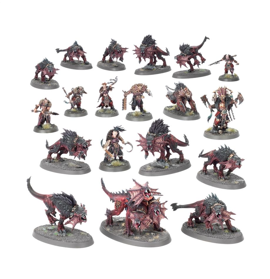 Spearhead: blades of khorne – fangs of the blood god warhammer age of sigmar. Karanak es la encarnación daemónica de la venganza de khorne. Es objeto de devoción para aquellos cultistas que aspiran a alcanzar su pureza de propósito y que lo siguen por voluntad propia hasta el fragor del combate. Lidera una jauría de rabiosos mastines de khorne que se abalanzan sobre el enemigo, deseosos de saborear su sangre recién derramada. Si buscas perpetrar auténticas carnicerías en los reinos mortales en nombre del dios de la sangre, esta caja es perfecta para empezar un nuevo ejército o ampliar tu colección de una forma más económica que comprando los kits por separado. La rugiente bestia daemónica de tres cabezas conocida como karanak lidera una fuerza de fieles mastines de khorne y cultistas adoradores de daemons que se abalanzan sobre el enemigo, inspirados por sus actos de crueldad y sus impulsos asesinos. Estas miniaturas conforman una fuerza completa de punta de lanza, lo que significa que podrás lanzarte a jugar partidas tácticas e intensas y reclamar cráneos para khorne desde el primer momento.