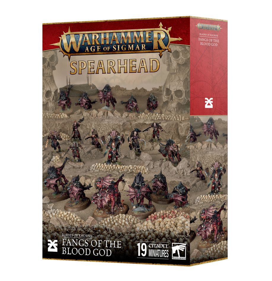 Spearhead: blades of khorne – fangs of the blood god warhammer age of sigmar. Karanak es la encarnación daemónica de la venganza de khorne. Es objeto de devoción para aquellos cultistas que aspiran a alcanzar su pureza de propósito y que lo siguen por voluntad propia hasta el fragor del combate. Lidera una jauría de rabiosos mastines de khorne que se abalanzan sobre el enemigo, deseosos de saborear su sangre recién derramada. Si buscas perpetrar auténticas carnicerías en los reinos mortales en nombre del dios de la sangre, esta caja es perfecta para empezar un nuevo ejército o ampliar tu colección de una forma más económica que comprando los kits por separado. La rugiente bestia daemónica de tres cabezas conocida como karanak lidera una fuerza de fieles mastines de khorne y cultistas adoradores de daemons que se abalanzan sobre el enemigo, inspirados por sus actos de crueldad y sus impulsos asesinos. Estas miniaturas conforman una fuerza completa de punta de lanza, lo que significa que podrás lanzarte a jugar partidas tácticas e intensas y reclamar cráneos para khorne desde el primer momento.