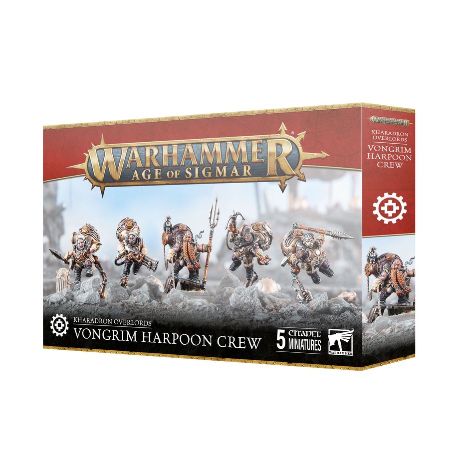 Vongrim harpoon crew warhammer age of sigmar. Los arponeros vongrim son la máquina cazamonstruos suprema, un grupo de curtidos veteranos que han visto, combatido y abatido a los peores horrores que surcan las rutas celestes. Dan caza a su presa con endrinmochilas ligeras, arrojando arpones dracocelestes capaces de atravesar con facilidad la piel blindada de un megaloaleta. Con este kit multicomponente de plástico puedes montar cinco arponeros vongrim, guerreros de élite especializados en combate cuerpo a cuerpo para tus ejércitos de los altos señores kharadron de warhammer age of sigmar. Con su velocidad y su arsenal de armas de medio alcance, son ideales para llevar la batalla al enemigo.