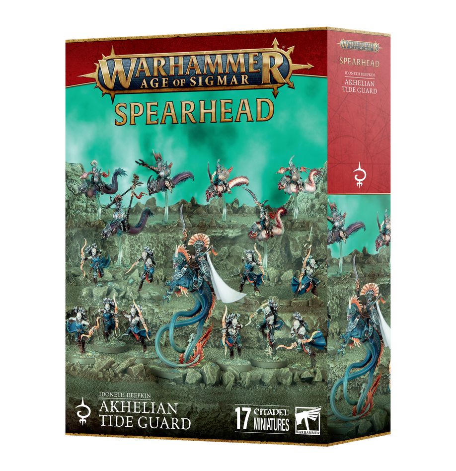 Spearhead: idoneth deepkin – akhelian tide guard warhammer age of sigmar. Los reyes y reinas akhelianos cabalgan la corriente hacia la batalla acompañados siempre por una guardia mareal compuesta por sus mejores guerreros. Pese a su prodigiosa destreza marcial, estos mascarones de proa del ejército de idoneth son demasiado vitales para dejarlos desprotegidos. Tanto guardaespaldas akhelianos como guerreros namarti están preparados para interponer sus cuerpos y sus bestias en el camino de cualquier golpe dirigido a su señor. Si quieres incursionar en los reinos mortales y reclamar las almas de los vivos, esta caja es la forma perfecta de comenzar una nueva colección de profundos idoneth o de ampliar tu ejército de una forma más económica que comprando los kits por separado. Un valiente rey akheliano lidera la fuerza, preparado para enfrentarse al enemigo en combate. Tras él llegan unidades de élite a lomos de anguilas y preparados para hacer trizas al enemigo con espadas y colmillos. La fuerza la completa una unidad de saqueadores namarti, que toman objetivos y descargan una lluvia de flechas sobre el enemigo. Estas miniaturas forman una punta de lanza completa, haciendo que puedas ponerte a jugar partidas reñidas y tácticas nada más abrir la caja y lanzar tu próxima incursión desde las profundidades.