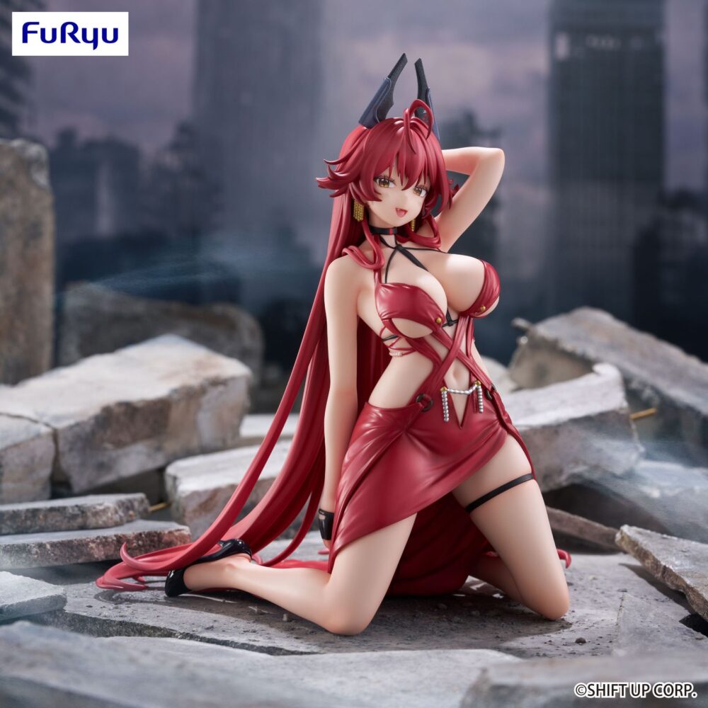 Red hood: nonsense red goddess of victory: nikke noodles stopper. Furyu presenta la figura noodle stopper de red hood: nonsense red, basada en su aparición en el videojuego "goddess of victory: nikke". Mide 12 cm y está elaborada en atbc-pvc. Se presenta de rodillas con una pose seductora y un traje borgoña con detalles negros.