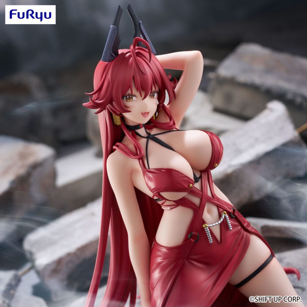 Red hood: nonsense red goddess of victory: nikke noodles stopper. Furyu presenta la figura noodle stopper de red hood: nonsense red, basada en su aparición en el videojuego "goddess of victory: nikke". Mide 12 cm y está elaborada en atbc-pvc. Se presenta de rodillas con una pose seductora y un traje borgoña con detalles negros.