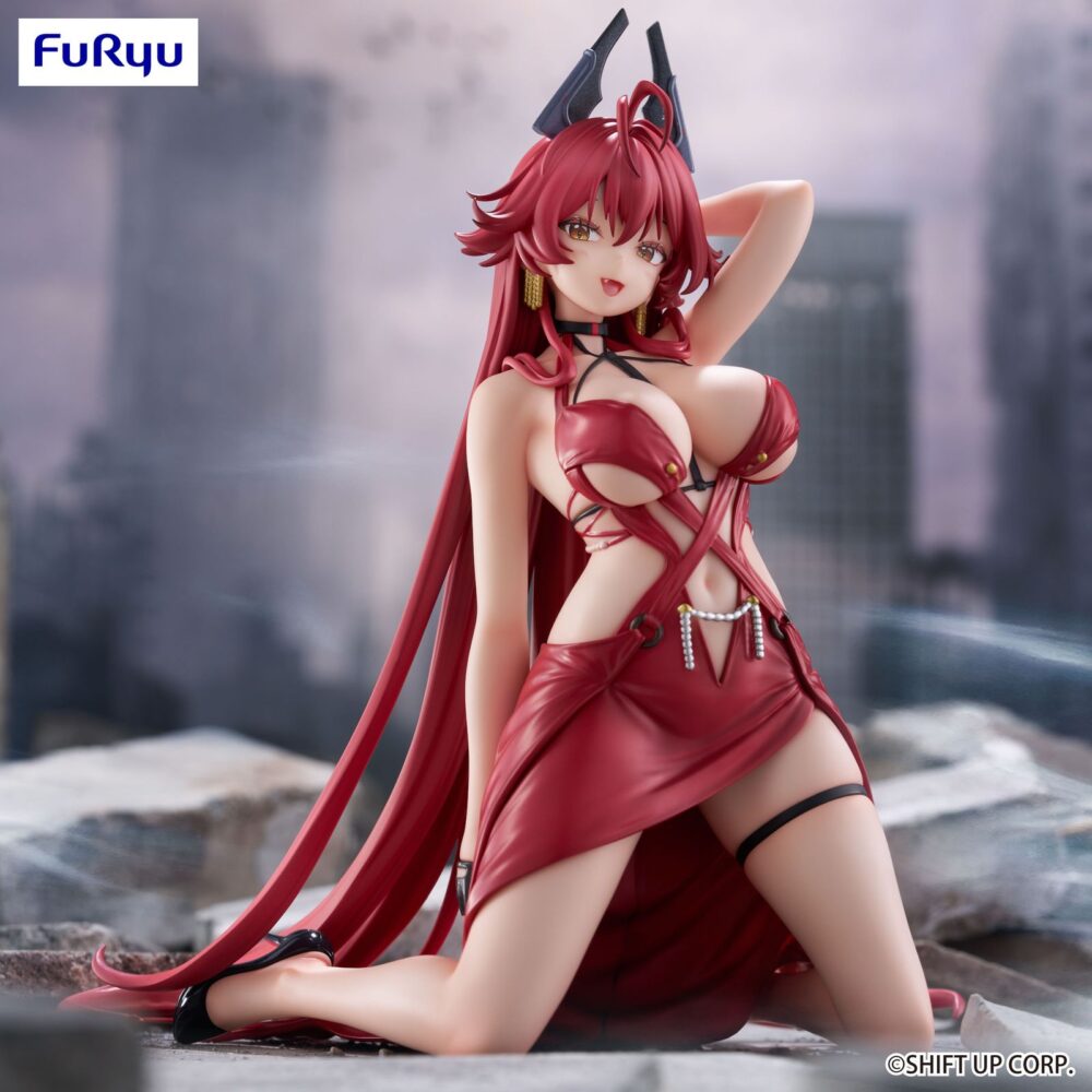 Red hood: nonsense red goddess of victory: nikke noodles stopper. Furyu presenta la figura noodle stopper de red hood: nonsense red, basada en su aparición en el videojuego "goddess of victory: nikke". Mide 12 cm y está elaborada en atbc-pvc. Se presenta de rodillas con una pose seductora y un traje borgoña con detalles negros.