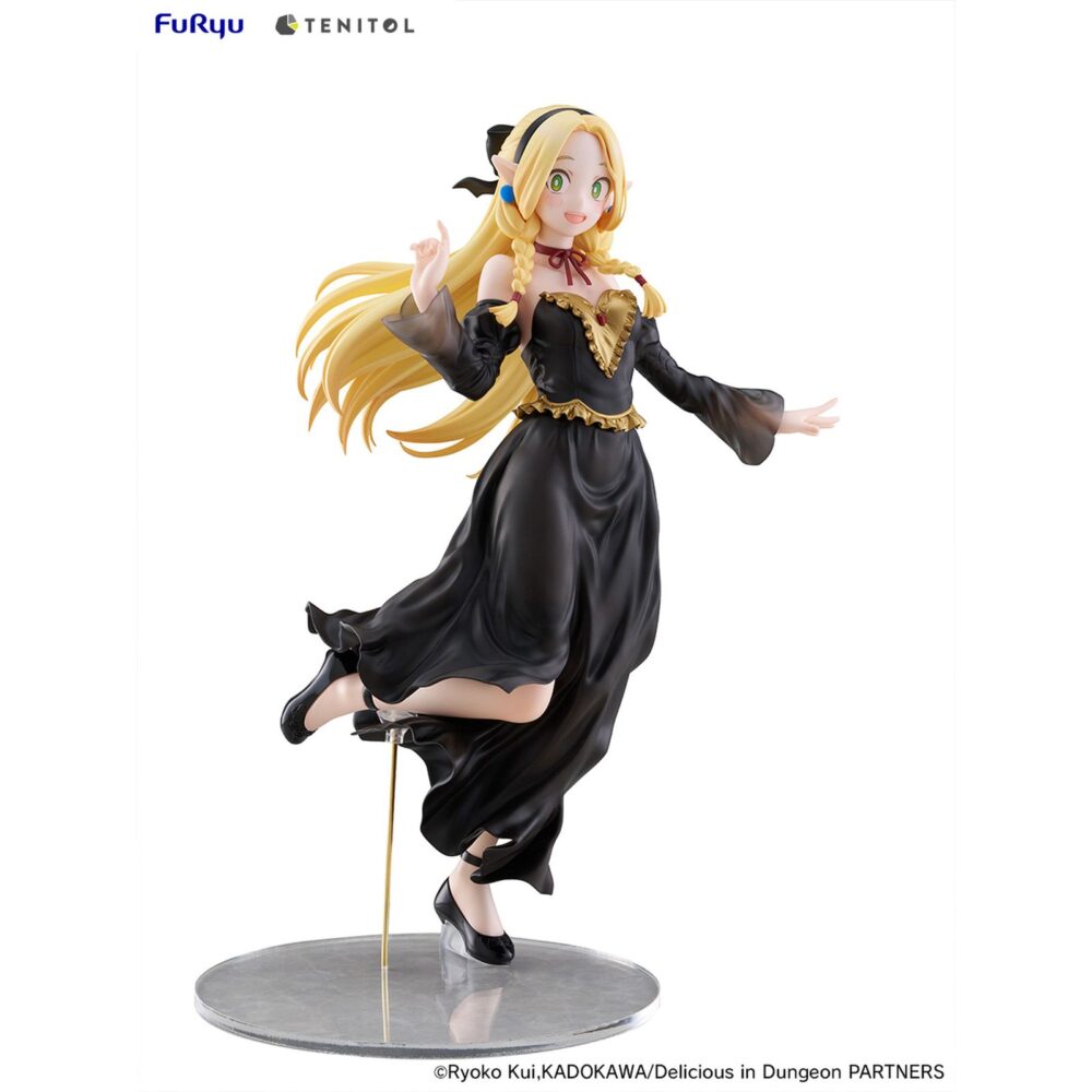 Marcille donato dress style version delicious in dungeon tenitol tall. Furyu añade a su colección tenitol tall la figura de marcille donato con un vestido negro y detalles dorados, un diseño original exclusivo para la marca. Está basada en su aparición en el anime "delicious in dungeon" ("tragones y mazmorras" en españa) y muestra a la elfo de una manera muy dinámica y lujosa gracias a los detalles del pelo y la ropa. La figura mide aproximadamente 28 cm y cuenta con una base circular transparente que le aporta estabilidad.