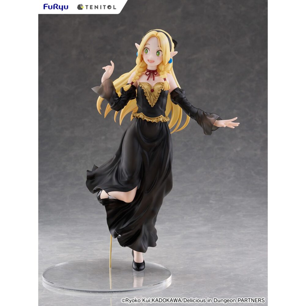 Marcille donato dress style version delicious in dungeon tenitol tall. Furyu añade a su colección tenitol tall la figura de marcille donato con un vestido negro y detalles dorados, un diseño original exclusivo para la marca. Está basada en su aparición en el anime "delicious in dungeon" ("tragones y mazmorras" en españa) y muestra a la elfo de una manera muy dinámica y lujosa gracias a los detalles del pelo y la ropa. La figura mide aproximadamente 28 cm y cuenta con una base circular transparente que le aporta estabilidad.