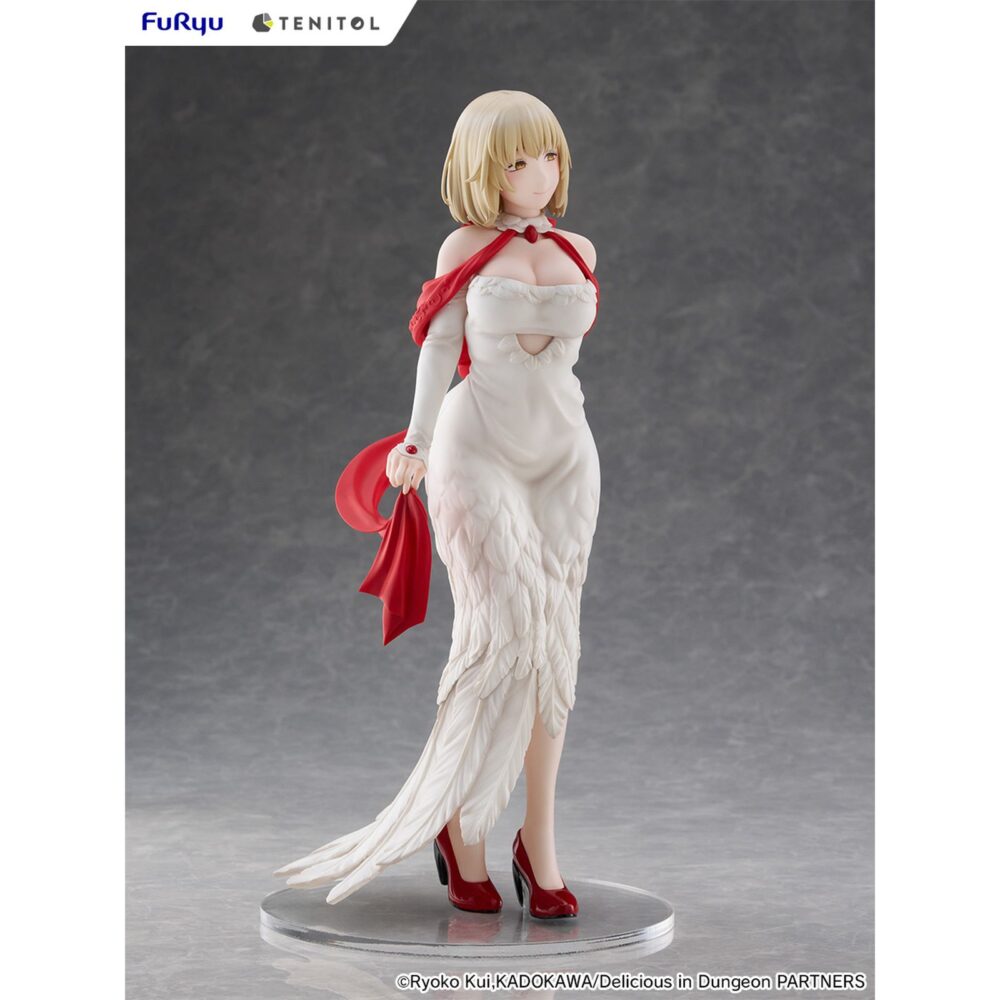 Falin touden dress style version delicious in dungeon tenitol tall. Furyu añade a su colección tenitol tall la figura de falin touden con un vestido inspirado en una quimera, un diseño original exclusivo para la marca. Está basada en su aparición en el anime "delicious in dungeon" ("tragones y mazmorras" en españa) y muestra a la maga de una manera elegante gracias a los detalles de la ropa. El rojo brillante del fular y de los zapatos, contrasta con el blanco del traje. La figura mide aproximadamente 30 cm y cuenta con una base circular transparente que le aporta estabilidad.