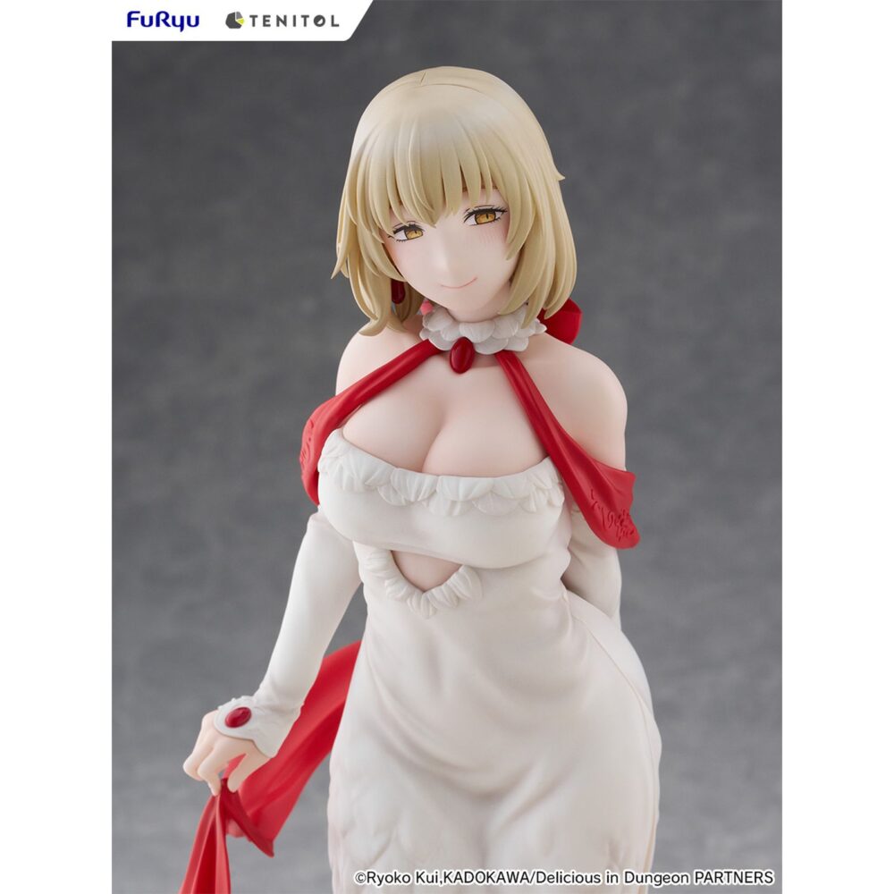 Falin touden dress style version delicious in dungeon tenitol tall. Furyu añade a su colección tenitol tall la figura de falin touden con un vestido inspirado en una quimera, un diseño original exclusivo para la marca. Está basada en su aparición en el anime "delicious in dungeon" ("tragones y mazmorras" en españa) y muestra a la maga de una manera elegante gracias a los detalles de la ropa. El rojo brillante del fular y de los zapatos, contrasta con el blanco del traje. La figura mide aproximadamente 30 cm y cuenta con una base circular transparente que le aporta estabilidad.