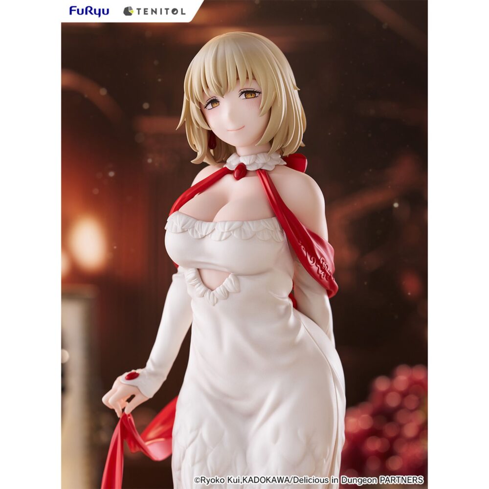 Falin touden dress style version delicious in dungeon tenitol tall. Furyu añade a su colección tenitol tall la figura de falin touden con un vestido inspirado en una quimera, un diseño original exclusivo para la marca. Está basada en su aparición en el anime "delicious in dungeon" ("tragones y mazmorras" en españa) y muestra a la maga de una manera elegante gracias a los detalles de la ropa. El rojo brillante del fular y de los zapatos, contrasta con el blanco del traje. La figura mide aproximadamente 30 cm y cuenta con una base circular transparente que le aporta estabilidad.
