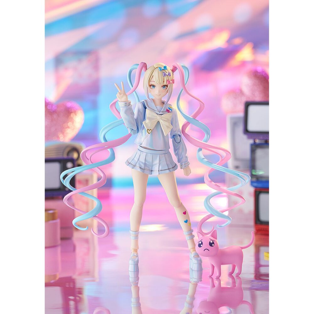 Omgkawaiiangel needy streamer overload figma. Good smile company incorpora a su colección figma la figura de omg kawaii angel, la protagonista del videojuego "needy streamer overload". Esta figura articulada de 15 cm de altura incluye 4x placas faciales (sonriente, alegre, guiñando un ojo y asustada), 1x gato y 6x manos intercambiables. Se presenta con su característico traje azul (decorado con lazos y corazones) y las típicas coletas que le aportan dinamismo. Como parte de la colección cuenta con su base hexagonal semitransparente con el logotipo de figma.