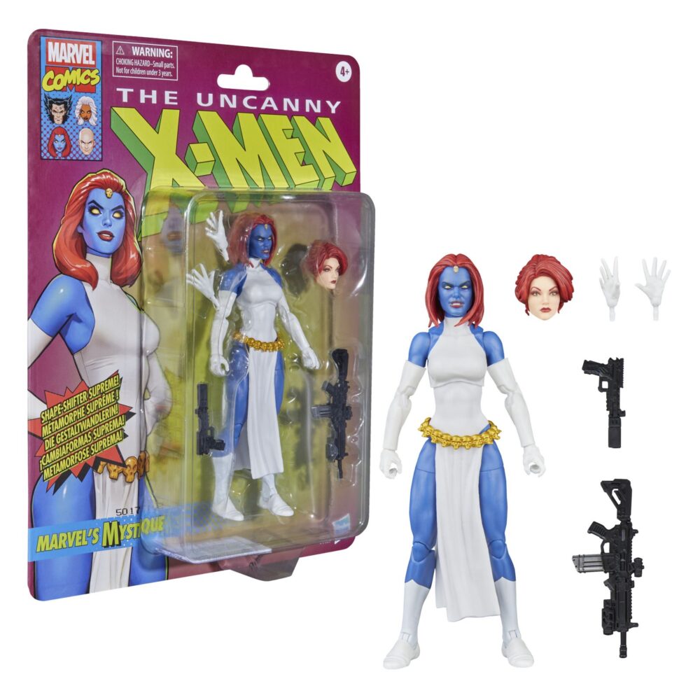 Mystique x-men marvel legends series. Hasbro presenta dentro de la colección marvel legends series esta figura articulada de marvel's mystique (conocida como mística en españa) inspirada en su aparición en la historia de "x-men" de la colección marvel comics. Mide aproximadamente 15 cm y cuenta con más de 20 puntos de articulación para recrear poses dinámicas. Incluye: 2x manos intercambiables, 1x cabeza alternativa que la muestra transformada en jean grey y 2x armas. Destaca su diseño fiel al personaje con un acabado premium y presentación tipo blíster con estética retro. Unidades limitadas.