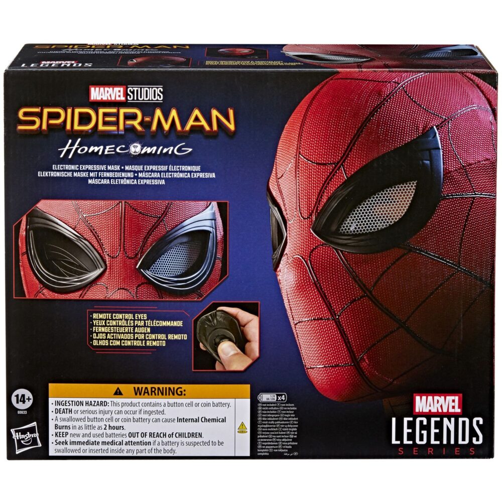 Spider-man electronic expressive mask replica marvel legends series. Hasbro introduce a su catálogo esta réplica electrónica premium de la máscara de spider-man, inspirada en la película "spider-man: homecoming". A escala 1/1, presenta una textura exterior de silicona impresa con diseño en licra, y cobertura completa para el cuello. Destaca por su innovador sistema de ojos expresivos con movimiento electrónico, que puedes controlar mediante el mando incluido. El modo manual permite elegir entre 8 movimientos distintos, y el modo automático activa 5 secuencias preprogramadas, como el gesto de "sentido arácnido" o parpadeos sincronizados. Se puede exhibir en la base incluida o usar como parte de un disfraz. Requiere 4x pilas aa (no incluidas) y utiliza 3x pilas tipo botón a76 (incluidas). La correa interior contiene látex natural. Unidades limitadas.