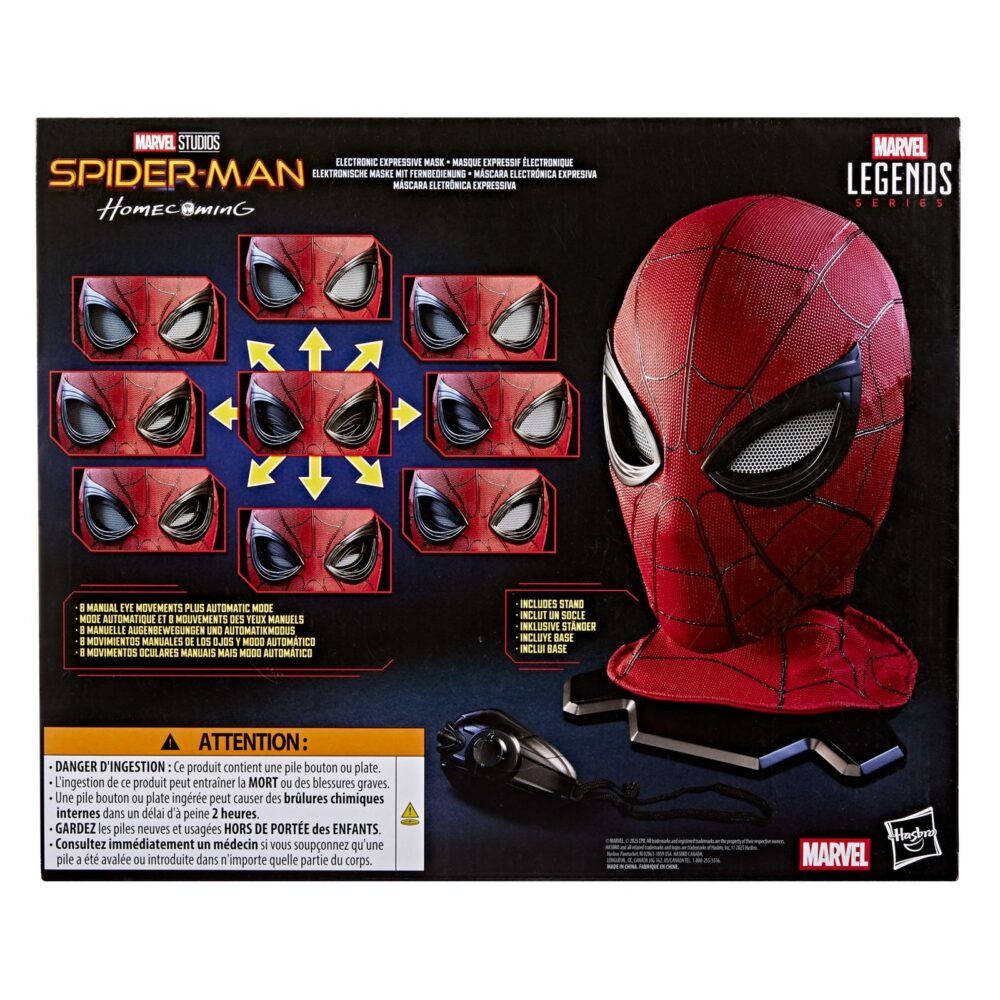 Spider-man electronic expressive mask replica marvel legends series. Hasbro introduce a su catálogo esta réplica electrónica premium de la máscara de spider-man, inspirada en la película "spider-man: homecoming". A escala 1/1, presenta una textura exterior de silicona impresa con diseño en licra, y cobertura completa para el cuello. Destaca por su innovador sistema de ojos expresivos con movimiento electrónico, que puedes controlar mediante el mando incluido. El modo manual permite elegir entre 8 movimientos distintos, y el modo automático activa 5 secuencias preprogramadas, como el gesto de "sentido arácnido" o parpadeos sincronizados. Se puede exhibir en la base incluida o usar como parte de un disfraz. Requiere 4x pilas aa (no incluidas) y utiliza 3x pilas tipo botón a76 (incluidas). La correa interior contiene látex natural. Unidades limitadas.