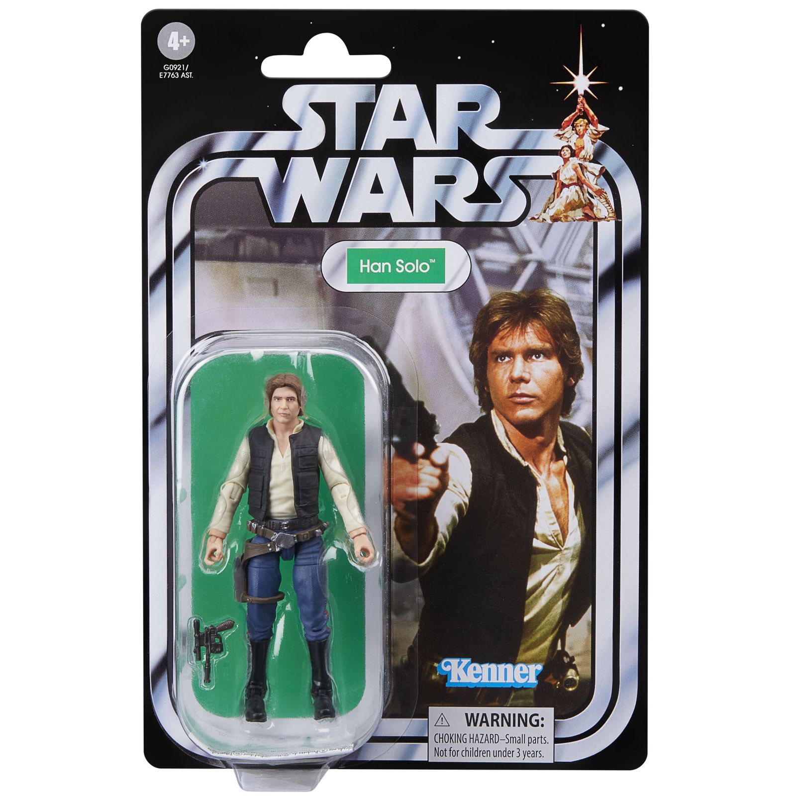 HAN SOLO VINTAGE COLLECTION STAR WARS RETURN OF THE JEDI Han solo vintage collection star wars return of the jedi. Hasbro presenta dentro de su colección the vintage collection la figura articulada han solo, inspirada en su aparición en la película "star wars: a new hope" (o "star wars: una nueva esperanza" en españa). Mide 9,5 cm de altura e incluye 1x blaster como accesorio. Se presenta en un blíster estilo vintage. Unidades limitadas.