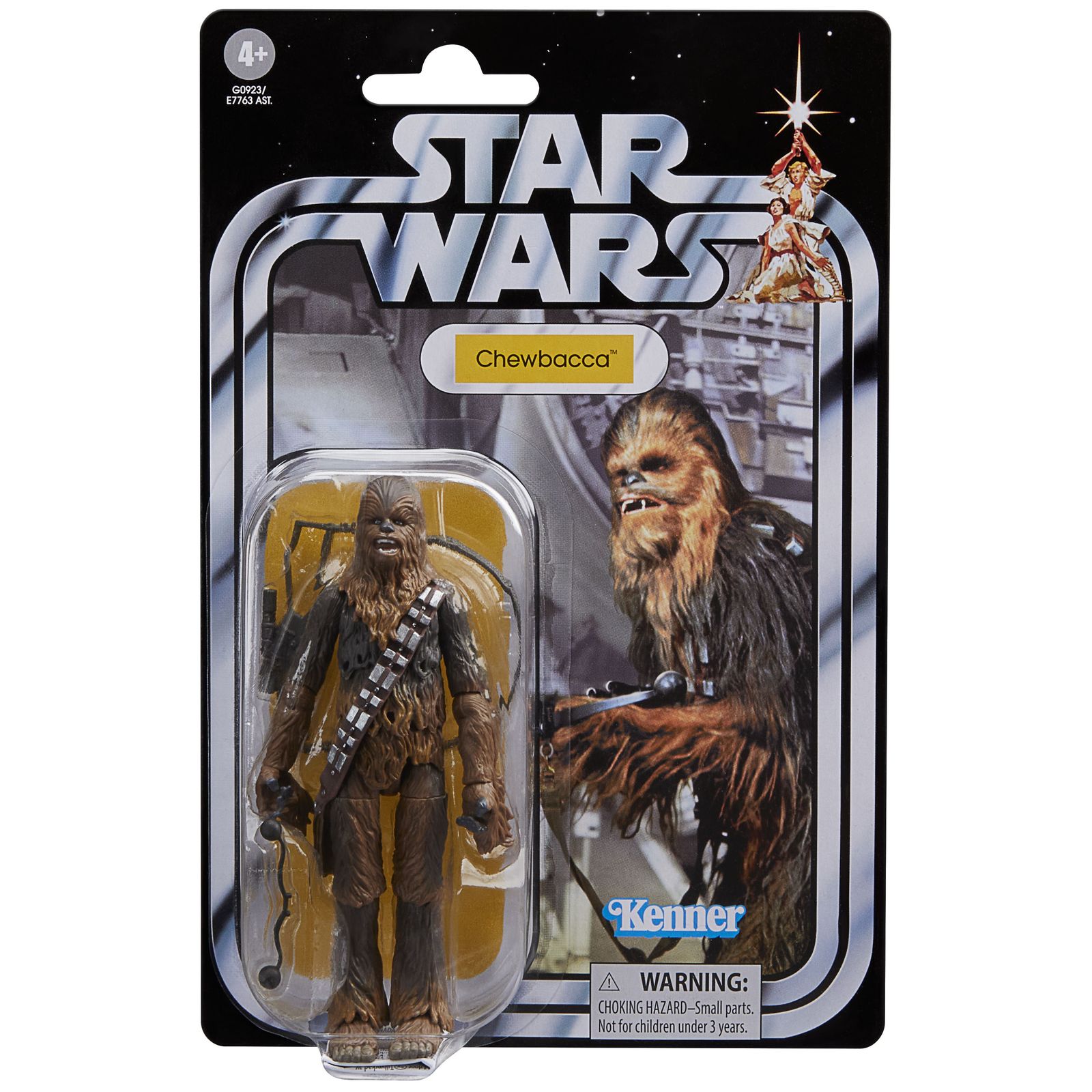 CHEWBACCA VINTAGE COLLECTION STAR WARS RETURN OF THE JEDI Chewbacca vintage collection star wars return of the jedi. Hasbro suma a su colección the vintage collection la figura articulada de chewbacca, inspirada en su aparición en la película "star wars: a new hope" (o "star wars: una nueva esperanza" en españa). Mide 9,5 cm de altura e incluye 1x ballesta como accesorio. Se presenta en un blíster estilo vintage. Unidades limitadas.