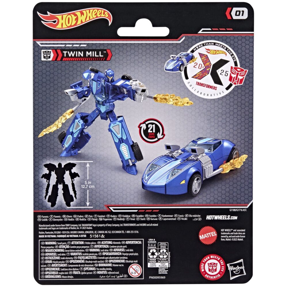 Twin mill transformers collaborative hot weels x transformers. Hasbro añade a su colección transformers collaborative esta figura del emblemático vehículo twin mill de la marca hot wheels. Mide 12,5 cm y se convierte de vehículo a robot en 21 pasos. En el modo coche presenta un diseño de carreras aerodinámico con sus legendarios motores gemelos. Incluye 2x efectos de llamarada que pueden fijarse en ambos modos y que le dan aspecto de velocidad. Unidades limitadas.