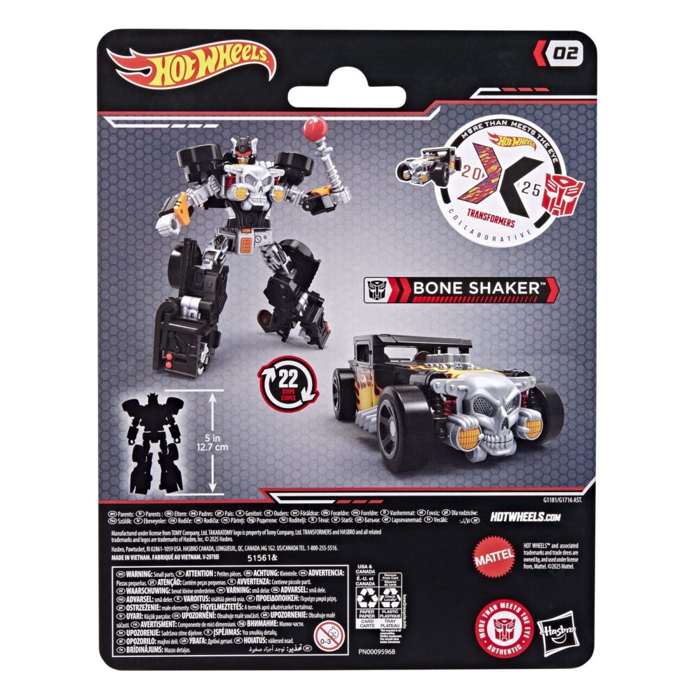 Bone shaker transformers collaborative hot weels x transformers. Hasbro añade a su colección transformers collaborative esta figura del icónico vehículo bone shaker de la marca hot wheels. Mide 12,5 cm y se convierte de vehículo a robot en 22 pasos. En el modo coche cuenta con una intimidante decoración de llamas y su inconfundible parachoques frontal con forma de calavera. Incluye 1x palanca de cambios con forma de maza que puede fijarse en ambos modos y que le proporciona un aspecto amenazante. Unidades limitadas.