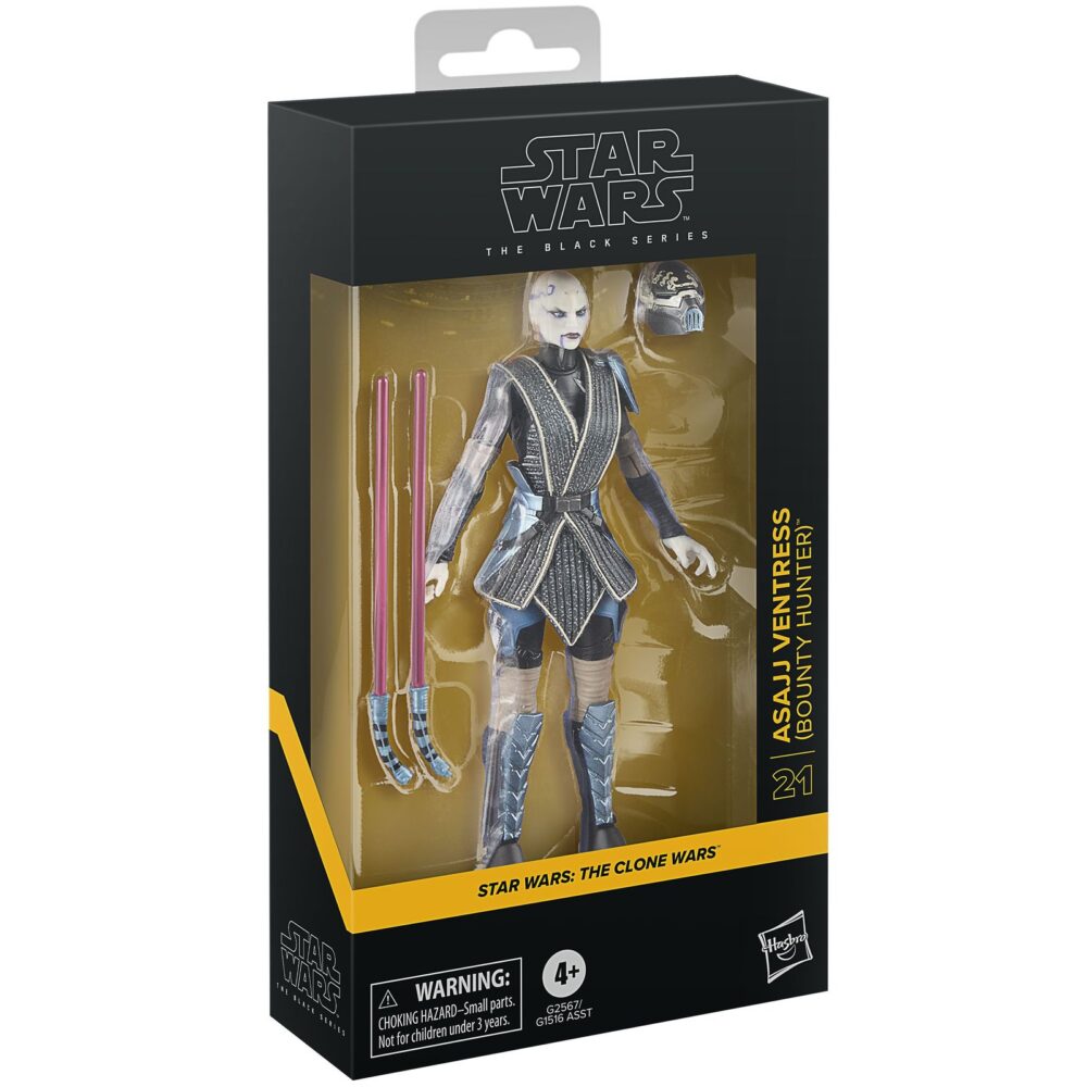Asajj ventress black series star wars attack of the clones. Hasbro incorpora a la colección the black series esta figura premium de la polifacética mujer dathomiriana asajj ventress, inspirada en su aparición la serie animada "star wars: the clone wars". Mide aproximadamente 15 cm y presenta un diseño fiel al personaje, con acabados de alta calidad y múltiples puntos de articulación. Incluye 2x sables de luz y 1x casco extraíble. Se presenta en una caja con ventana. Unidades limitadas.