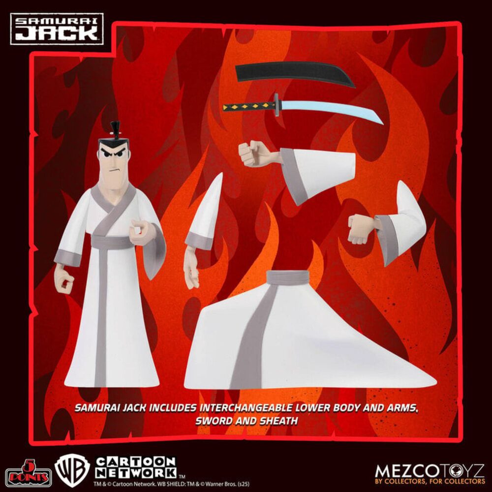 Samurai jack 5 points. Mezco presenta dentro de su colección 5 points esta figura articulada de 9,5 cm del protagonista de la serie animada "samurai jack" de cartoon network. Este noble samurái está equipado con 5x brazos intercambiables (2x para pose, 1x para sostener la vaina y 2x para empuñar la katana), 2x partes inferiores para representarle erguido o con las rodillas flexionadas, 1x katana y 1x vaina. Se presenta en blíster retro. Ideal para exhibir con mad jack y con aku (se venden por separado).