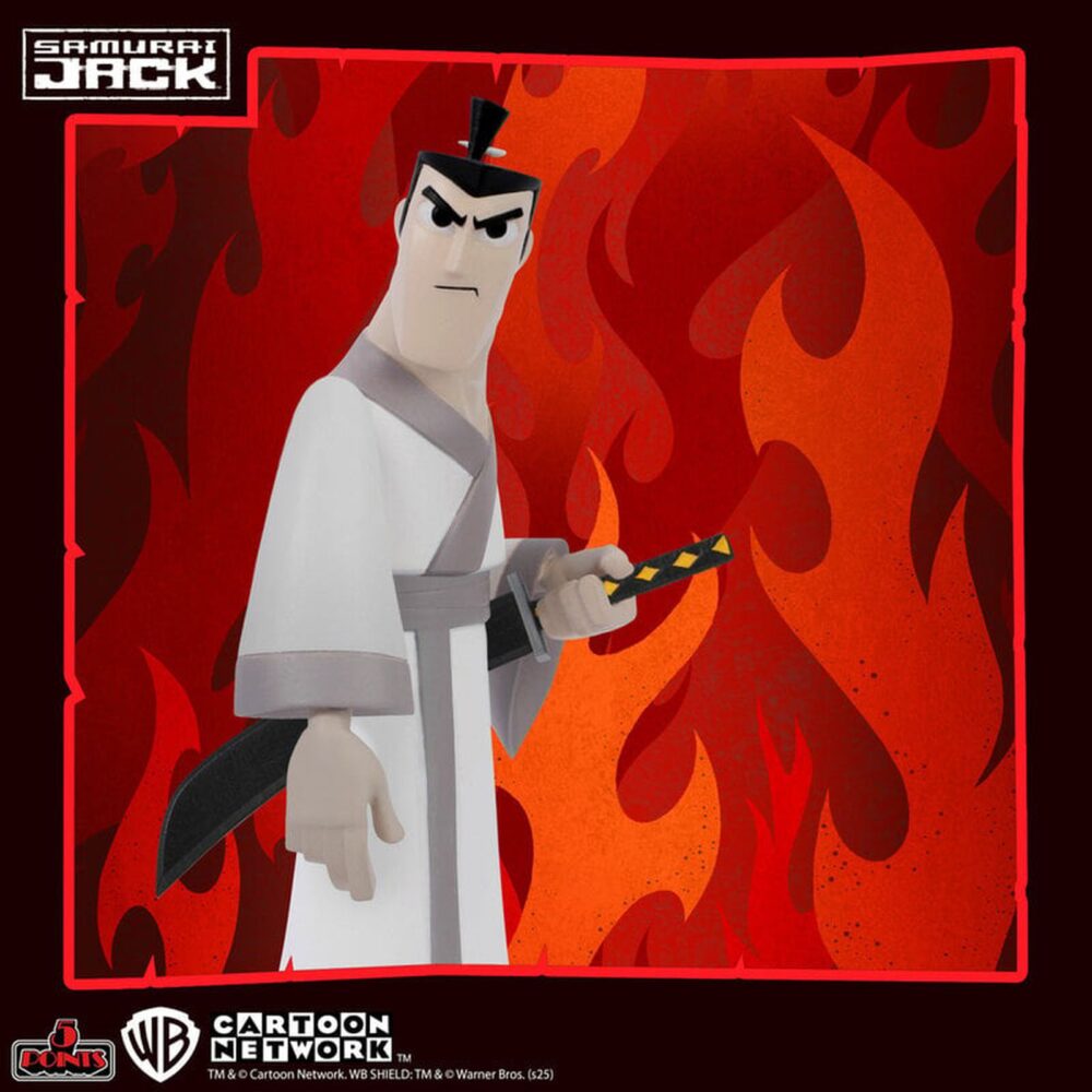 Samurai jack 5 points. Mezco presenta dentro de su colección 5 points esta figura articulada de 9,5 cm del protagonista de la serie animada "samurai jack" de cartoon network. Este noble samurái está equipado con 5x brazos intercambiables (2x para pose, 1x para sostener la vaina y 2x para empuñar la katana), 2x partes inferiores para representarle erguido o con las rodillas flexionadas, 1x katana y 1x vaina. Se presenta en blíster retro. Ideal para exhibir con mad jack y con aku (se venden por separado).
