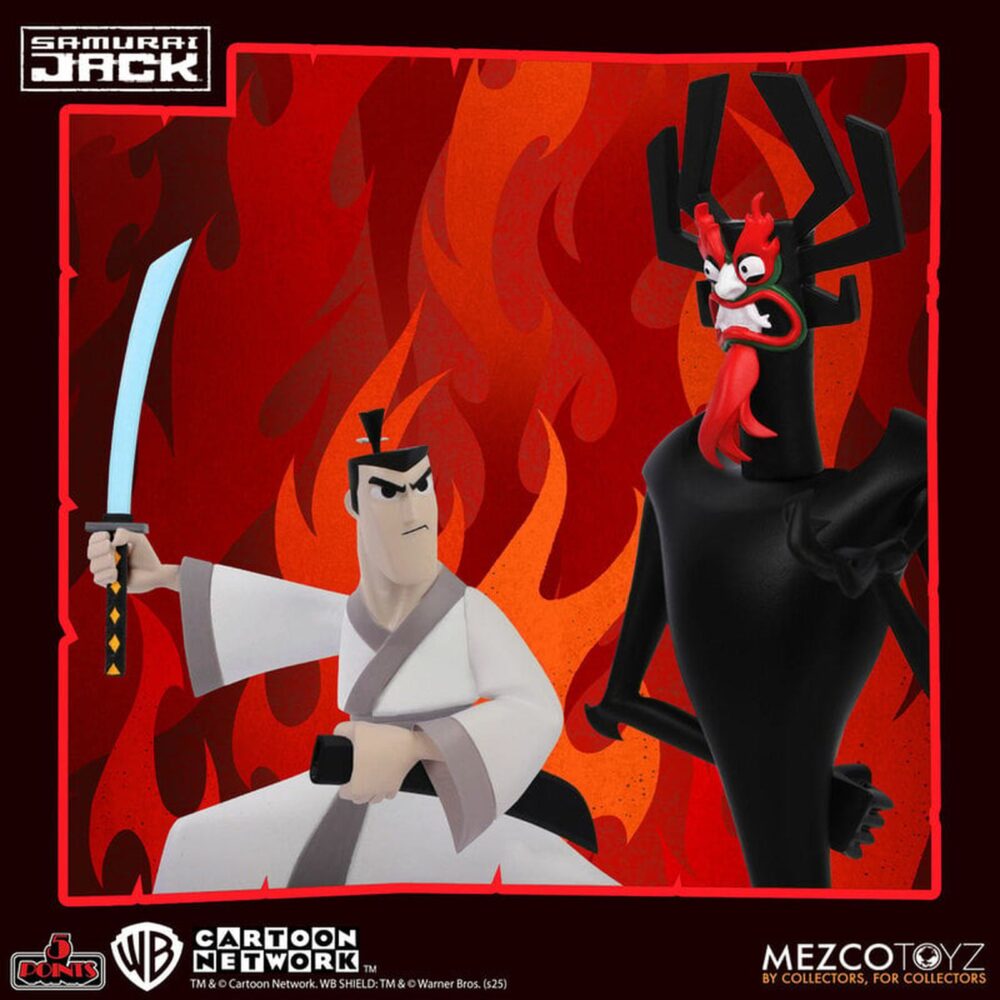 Samurai jack 5 points. Mezco presenta dentro de su colección 5 points esta figura articulada de 9,5 cm del protagonista de la serie animada "samurai jack" de cartoon network. Este noble samurái está equipado con 5x brazos intercambiables (2x para pose, 1x para sostener la vaina y 2x para empuñar la katana), 2x partes inferiores para representarle erguido o con las rodillas flexionadas, 1x katana y 1x vaina. Se presenta en blíster retro. Ideal para exhibir con mad jack y con aku (se venden por separado).