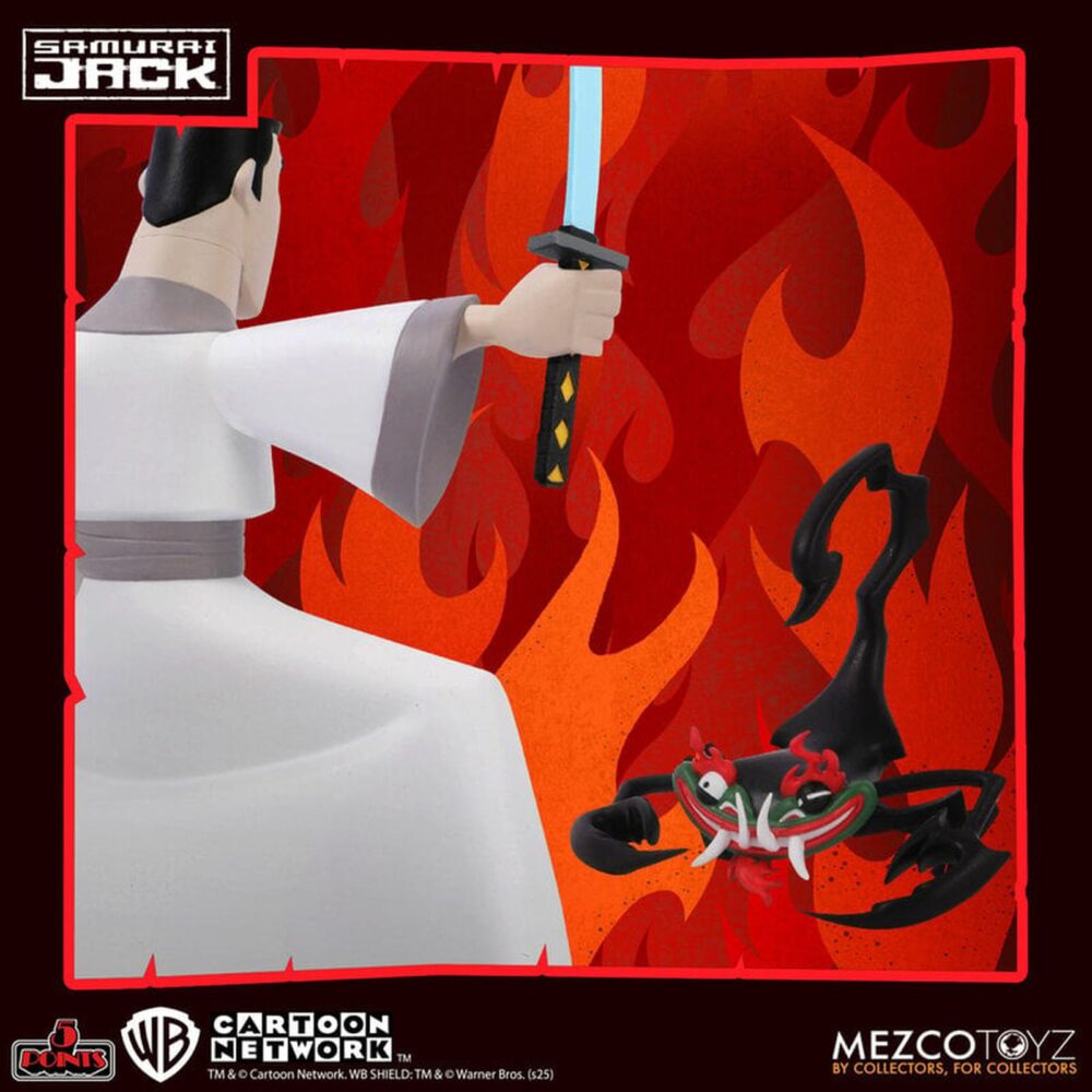 Samurai jack 5 points. Mezco presenta dentro de su colección 5 points esta figura articulada de 9,5 cm del protagonista de la serie animada "samurai jack" de cartoon network. Este noble samurái está equipado con 5x brazos intercambiables (2x para pose, 1x para sostener la vaina y 2x para empuñar la katana), 2x partes inferiores para representarle erguido o con las rodillas flexionadas, 1x katana y 1x vaina. Se presenta en blíster retro. Ideal para exhibir con mad jack y con aku (se venden por separado).