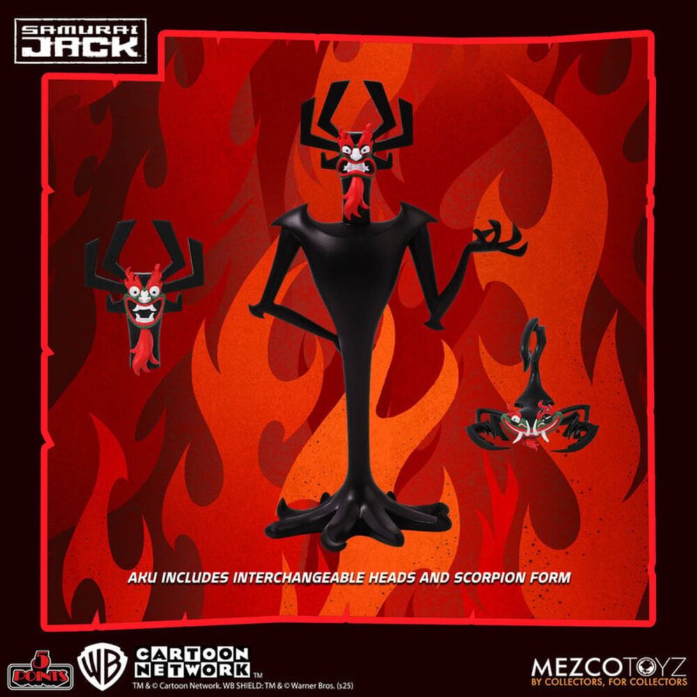 Aku samurai jack 5 points. Mezco suma a su catálogo 5 points la figura de 9,5 cm de aku, el maestro de la oscuridad y principal antagonista de la serie animada "samurai jack" de cartoon network. Se presenta en formato blíster en el que se incluye 2x cabezas intercambiables (sonriente y enfadada) y 1x figura adicional de aku con forma de escorpión.   ideal para exhibir con mad jack y con samurai jack (se venden por separado).