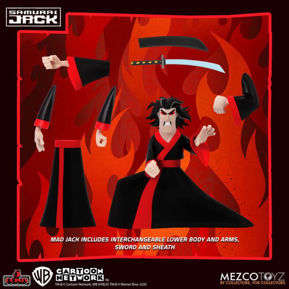 Mad jack samurai jack 5 points. Mezco incorpora a su colección 5 points la figura de 9,5 cm de mad jack, la caótica manifestación oscura del protagonista de la serie de animación "samurai jack" de cartoon network. Esta figura incluye 6x brazos intercambiables (2x para pose, 1x para sujetar la vaina y 3x para empuñar la katana), 2x partes inferiores para representarle erguido o con las rodillas flexionadas, 1x katana y 1x vaina. Todo se presenta dentro de un blíster estilo retro. Ideal para exhibir junto con samurai jack y con aku (se venden por separado).