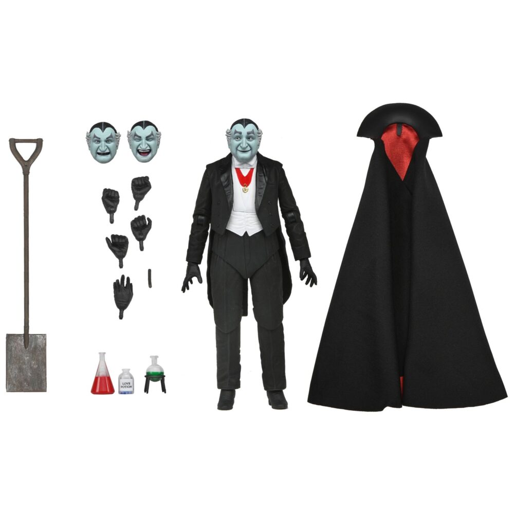 Ultimate grandpa munster the munsters. Neca incorpora a su colección ultimate scale action esta figura articulada del abuelo munster basada en el personaja de la serie de televisión de los años 60 “the munsters” ("la familia monster" en españa). Mide aproximadamente 18 cm y cuenta con un diseño detallado que captura el encanto travieso del personaje interpretado por al lewis. Incluye 1x capa de tela, 2x cabezas intercambiables, 5x manos adicionales, 1x pala y 3x vitrales diferentes. Se presenta en una caja con ventana y solapa frontal.