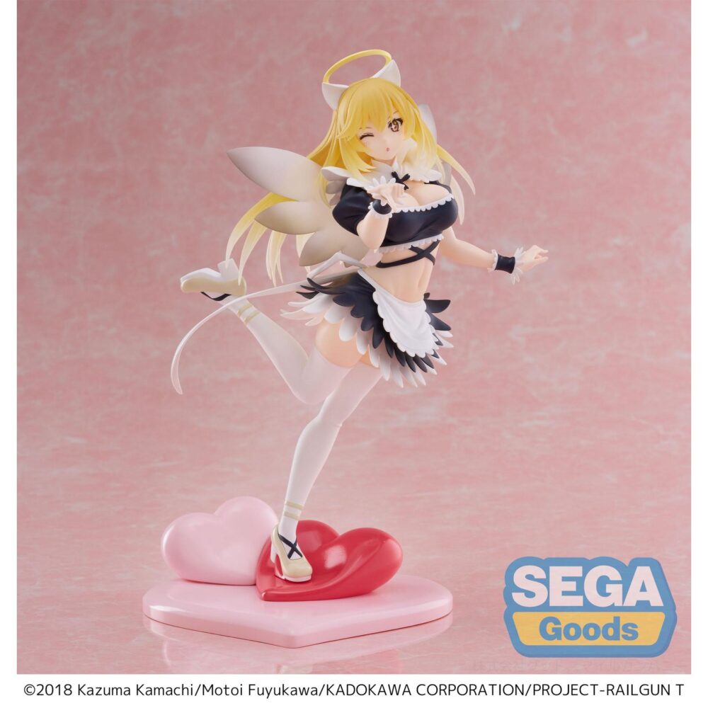 MISAKI SHOKUHOU FALLEN ANGEL MAID A CERTAIN SCIENTIFIC RAILGUN T LUMINASTA. Sega introduce en su colección Luminasta esta figura de Misaki Shokuhou con atuendo de doncella celestial, inspirada en la serie "A Certain Scientific Railgun T". Con una altura de aproximadamente 20 cm, está fabricada en PVC con un diseño detallado sobre una base decorada con corazones.