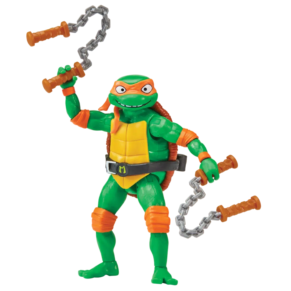 Michelangelo ninja turtles: caos mutante figura. "toc... Toc... ¿esa cosa funciona? " mikey es el bromista del grupo, ¡al menos eso es lo que él cree! (no es fácil entusiasmarse con sus hermanos) con un poco de entrenamiento por parte de splinter, el padre adoptivo de las ratas, miguel ángel y sus hermanos están listos para aventurarse en la gran ciudad, donde mikey por fin puede probar su material cómico. Ya nada se interpone en su sueño de convertirse en monologuista, ¡aunque la única respuesta positiva que reciba sea el sonido del micrófono! Auténtico: mikey mide 11,4 cm y ha sido esculpido individualmente para que coincida con su personaje de la película en cada detalle extremadamente móvil: mikey tiene 12 articulaciones, por lo que puede adoptar posturas de combate llenas de acción. Accesorios: mikey viene listo para la batalla con su icónico nunchaku, un soporte para armas independiente con varios accesorios y una tortuguita. Embalaje de la película: mikey viene en un llamativo embalaje blíster con detalles brillantes de la marca de la película tmnt mutant mayhem