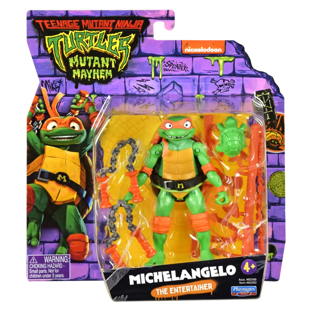 Michelangelo ninja turtles: caos mutante figura. "toc... Toc... ¿esa cosa funciona? " mikey es el bromista del grupo, ¡al menos eso es lo que él cree! (no es fácil entusiasmarse con sus hermanos) con un poco de entrenamiento por parte de splinter, el padre adoptivo de las ratas, miguel ángel y sus hermanos están listos para aventurarse en la gran ciudad, donde mikey por fin puede probar su material cómico. Ya nada se interpone en su sueño de convertirse en monologuista, ¡aunque la única respuesta positiva que reciba sea el sonido del micrófono! Auténtico: mikey mide 11,4 cm y ha sido esculpido individualmente para que coincida con su personaje de la película en cada detalle extremadamente móvil: mikey tiene 12 articulaciones, por lo que puede adoptar posturas de combate llenas de acción. Accesorios: mikey viene listo para la batalla con su icónico nunchaku, un soporte para armas independiente con varios accesorios y una tortuguita. Embalaje de la película: mikey viene en un llamativo embalaje blíster con detalles brillantes de la marca de la película tmnt mutant mayhem