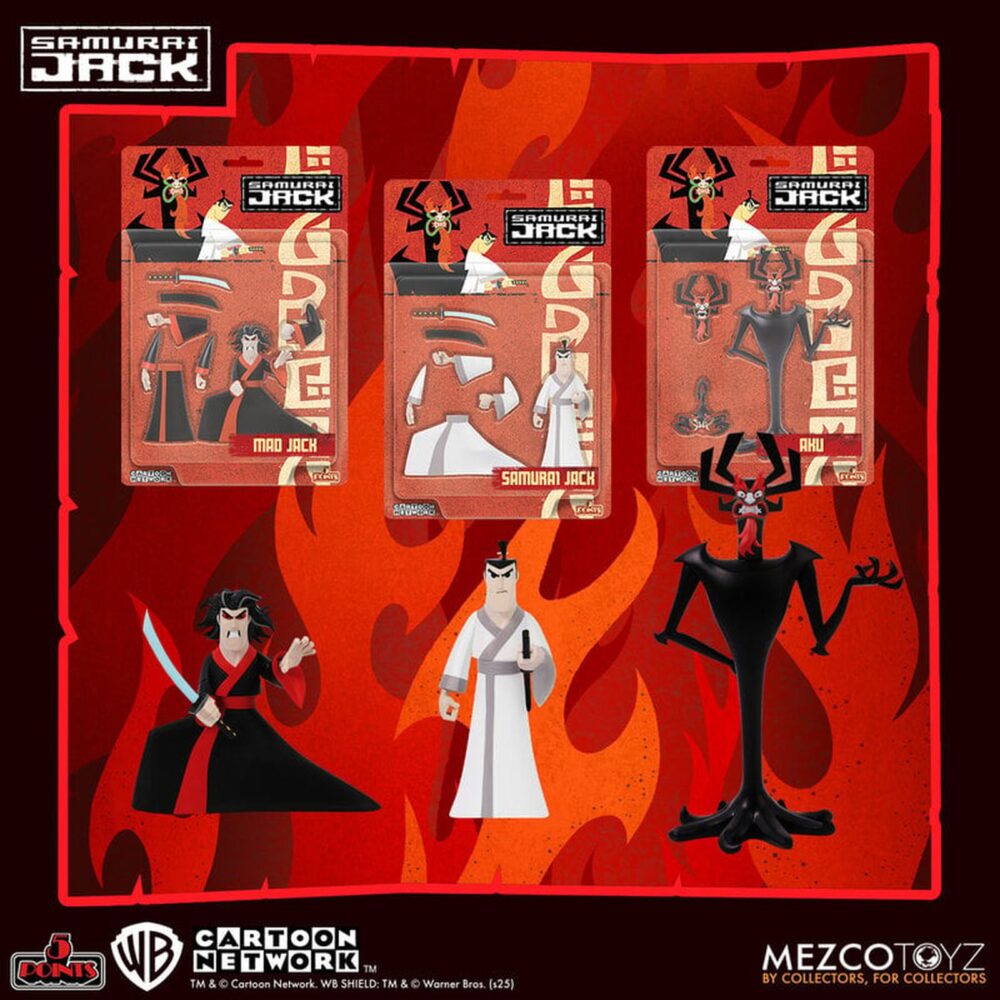 Mad jack samurai jack 5 points. Mezco incorpora a su colección 5 points la figura de 9,5 cm de mad jack, la caótica manifestación oscura del protagonista de la serie de animación "samurai jack" de cartoon network. Esta figura incluye 6x brazos intercambiables (2x para pose, 1x para sujetar la vaina y 3x para empuñar la katana), 2x partes inferiores para representarle erguido o con las rodillas flexionadas, 1x katana y 1x vaina. Todo se presenta dentro de un blíster estilo retro. Ideal para exhibir junto con samurai jack y con aku (se venden por separado).