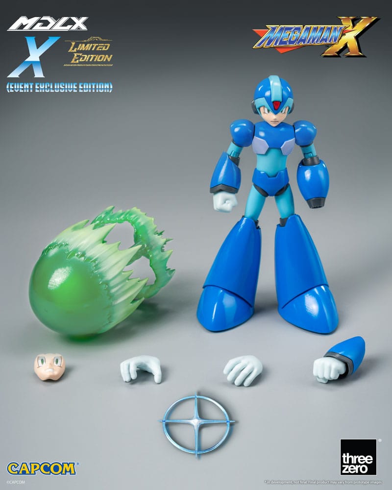 Mega man figura mdlx rockman x / mega man x exclusive.  de la serie de videojuegos mega man x (también conocida como rockman x), threezero se enorgullece de presentar la figura coleccionable mdlx x. Con una altura aproximada de 12,1 cm, la figura coleccionable «rockman x / mega man x» mdlx x está totalmente articulada con aproximadamente 34 puntos de articulación. Cuenta con una estructura que combina metal y piezas de plástico técnico, lo que mejora la rigidez de las articulaciones y proporciona una sensación satisfactoria y robusta al posar y articular la figura, a pesar de su tamaño compacto. «rockman x / mega man x» mdlx x incluye dos placas faciales intercambiables, que ofrecen la opción de cambiar entre expresiones estándar y de enfado. También viene con una pieza del icónico antebrazo x-buster, intercambiable con el antebrazo izquierdo o derecho, y una pieza de efecto charge shot para acoplar a la punta del x-buster. Las manos intercambiables incluyen un par de manos abiertas y un par de puños, lo que permite a los usuarios recrear una gran variedad de poses dinámicas. Además, cada uno de los pies de mdlx x lleva incorporado un imán que le permite adherirse a superficies metálicas y aumentar su capacidad de juego.