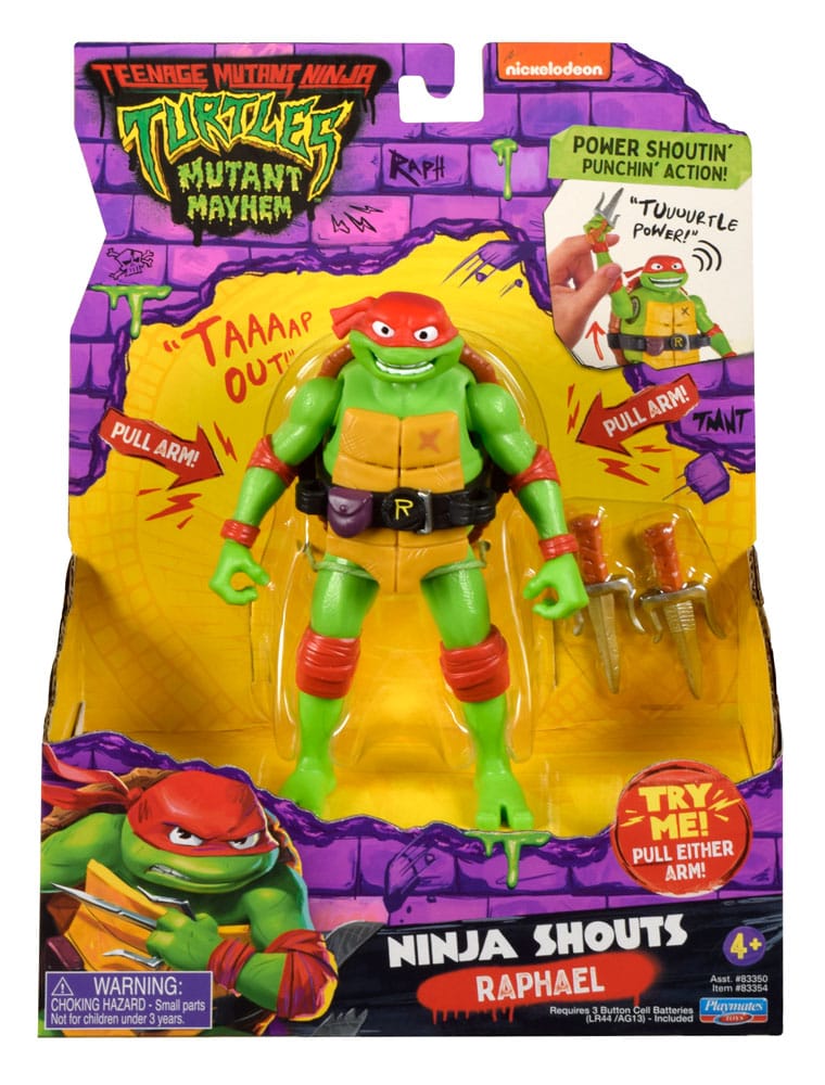 Raphael ninja turtles: caos mutante ninja shouts figura. Habla con la figura de acción ninja shouts raphael, de 14 cm de altura, y te responderá con su voz original de la película. Raphael es un auténtico cabezota con grandes ambiciones y sueños. Uno de sus sueños es golpear a alguien tan fuerte que le haga vomitar. También quiere convertirse en luchador de artes marciales mixtas. Juntos, él y sus hermanos salen de las alcantarillas y viajan por la ciudad para luchar contra el crimen. El equipo debe permanecer unido, aunque a raphael también le gusta ir solo de vez en cuando. Contiene 3x pilas lr44/ag13 tira de su brazo o de su pierna y oirás ocho frases o cinco efectos de sonido diferentes. Si le agarras durante más tiempo, alargará sus frases o las repetirá. Este equipo de tortugas será sencillamente imbatible. - auténtico: raphael mide 14 cm y está reproducido auténticamente tal y como aparece en la exitosa película - cool habla: tira de su brazo derecho o pierna izquierda con resorte para hacerle hablar, con la misma voz que acompañaba a raph en la película - característica de sujeción: si tiras del brazo o la pierna de raphael y lo sujetas, la palabra que está diciendo se dibujará y las sílabas se repetirán hasta que la sueltes; entonces la palabra y la frase se completarán y se oirá un sonido de batalla lleno de acción. - gama de variedades: la figura de acción de raphael impresiona con ocho refranes y cinco sonidos de lucha diferentes