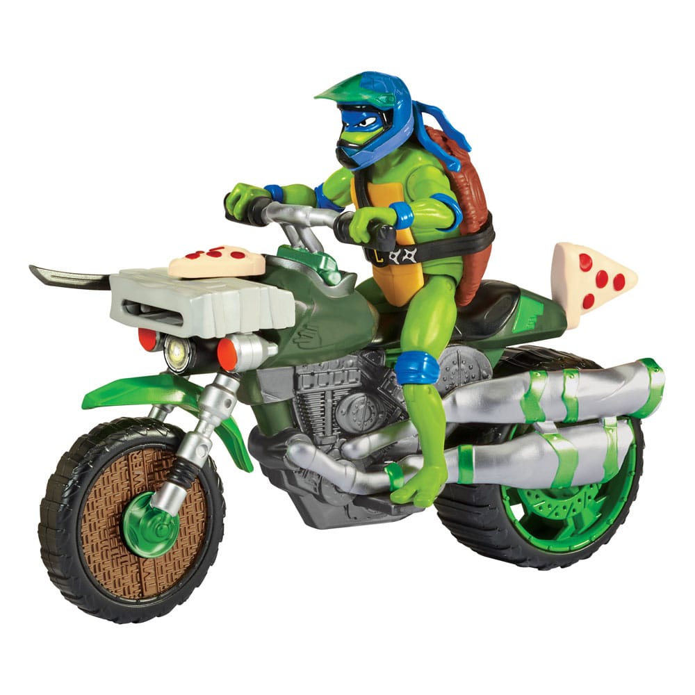 Drive n kick leonardo & motocicleta ninja turtles: caos mutante figura. Cuando los malos se descontrolan y vuelven a causar el caos en la ciudad, las tortugas envían a leo y su ninja kick cycle a resolver el problema. Leo llega al lugar en un santiamén y ¡listo para luchar! Cuando aparece un villano, leo salta de su asiento y se balancea de lado a lado para derrotar al malo. Si la patada no es suficiente para derrotar a los malos, leo se dirige hacia ellos y dispara una de sus poderosas estrellas arrojadizas. ¡problema resuelto! Auténtico: el poderoso ninja kick cycle con tubos de escape dobles está auténticamente detallado y viene con una exclusiva figura de acción de leonardo con casco desmontable. Función de lucha: ¡gira la porción de pizza de un lado a otro y observa cómo leo salta de su asiento y patea de un lado a otro para derribar a los malos! Extremadamente móvil: la exclusiva figura de acción de leonardo básico mide 11,4 cm de alto y tiene 12 puntos de articulación para conseguir poses de lucha llenas de acción accesorios: el set incluye las katanas características de leo, una funda y un lanzador de estrellas ninja.